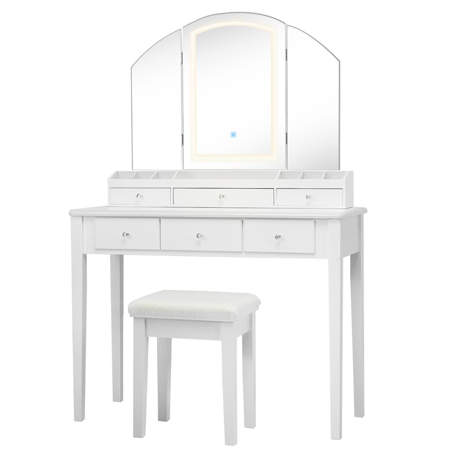 Costway Vanity Table Stool Set Large Tri-folding Lighted Mirror 6 Drawer Dresser