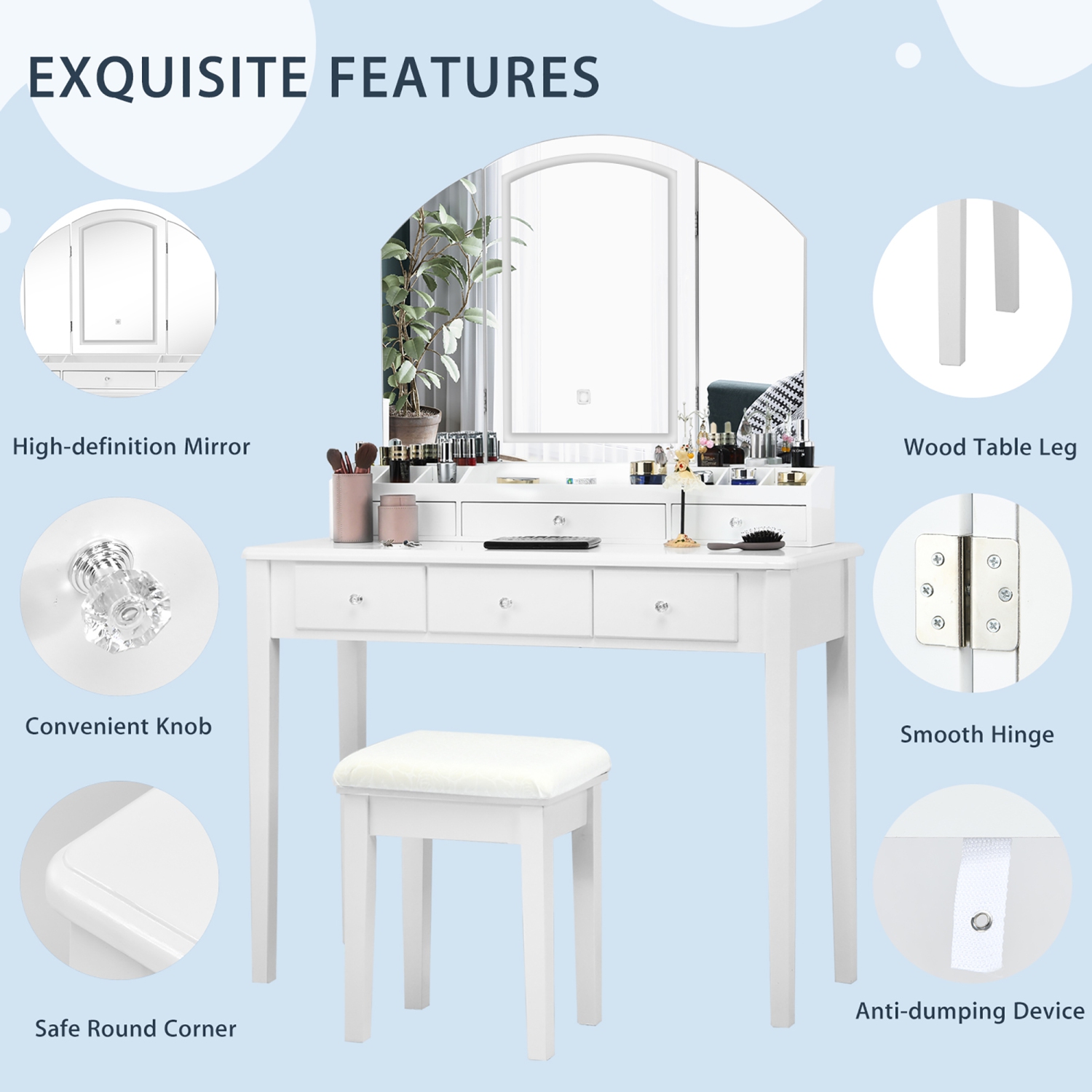 Costway Vanity Table Stool Set Large Tri-folding Lighted Mirror 6 Drawer Dresser