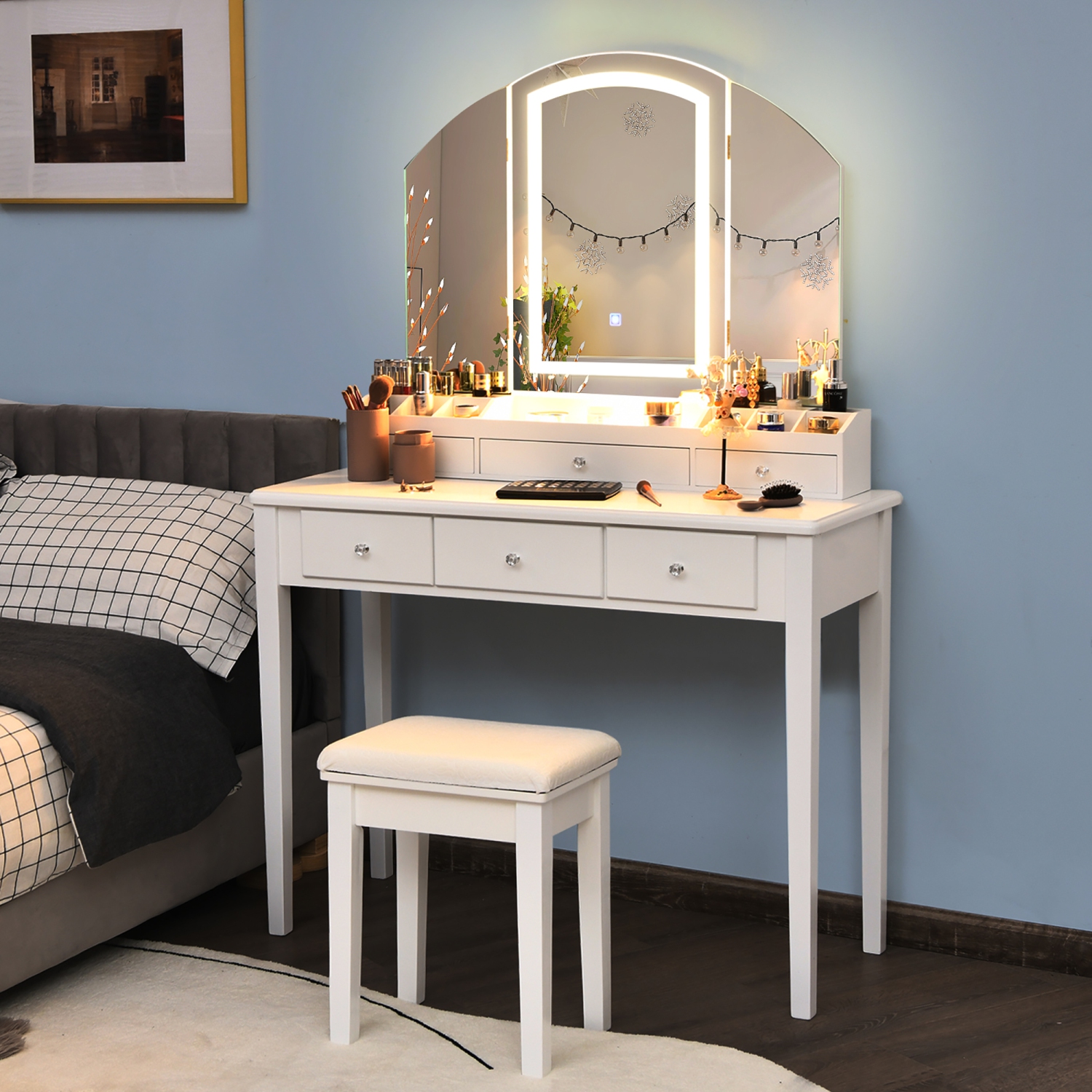 Costway Vanity Table Stool Set Large Tri-folding Lighted Mirror 6 Drawer Dresser