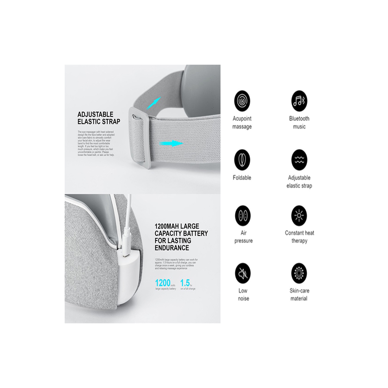 Masseur à compression d’air rechargeable et pliable pour les yeux avec thérapie par la chaleur EM1601 de Havit avec musique sans fil Bluetooth