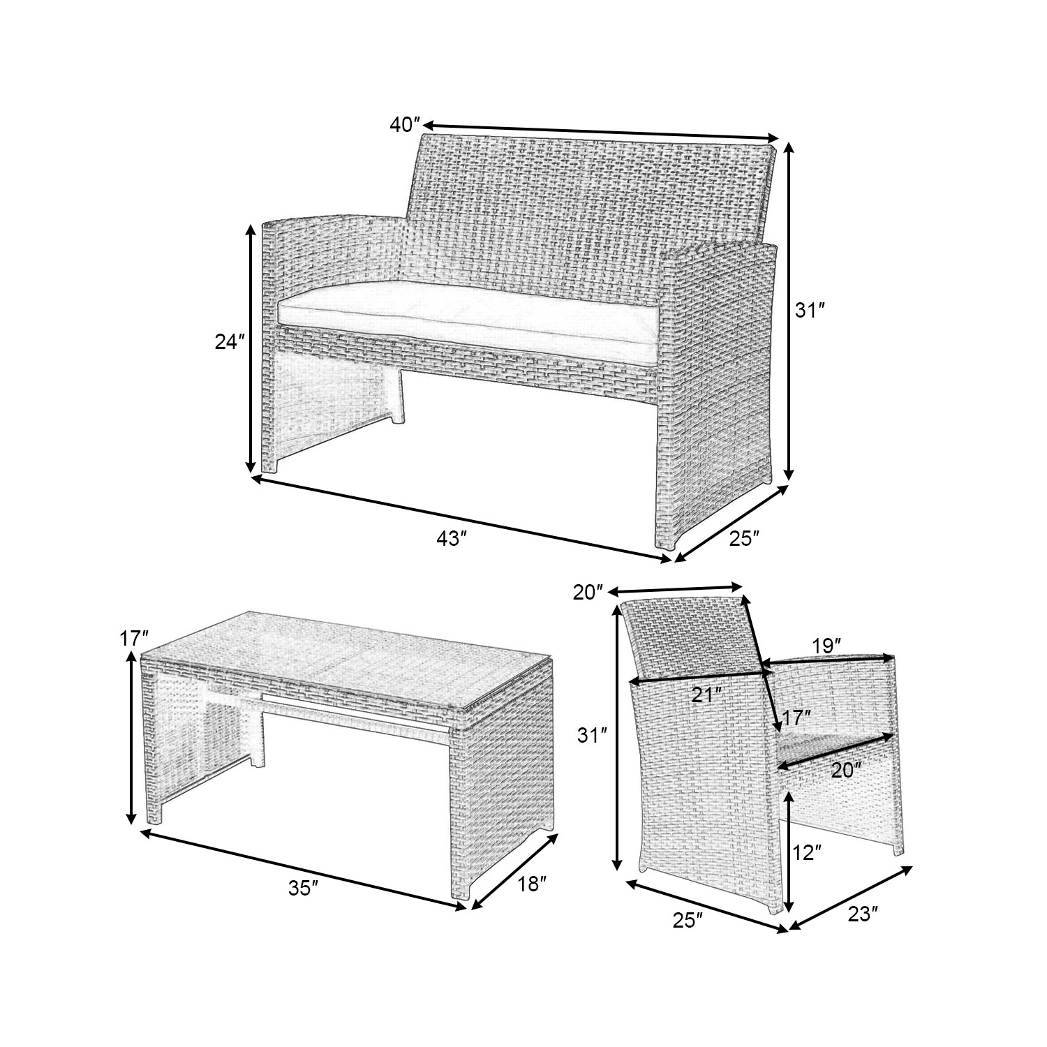 Topbuy 4PCS Outdoor Furniture Set Chairs Coffee Table Patio Garden Set Mix Gray