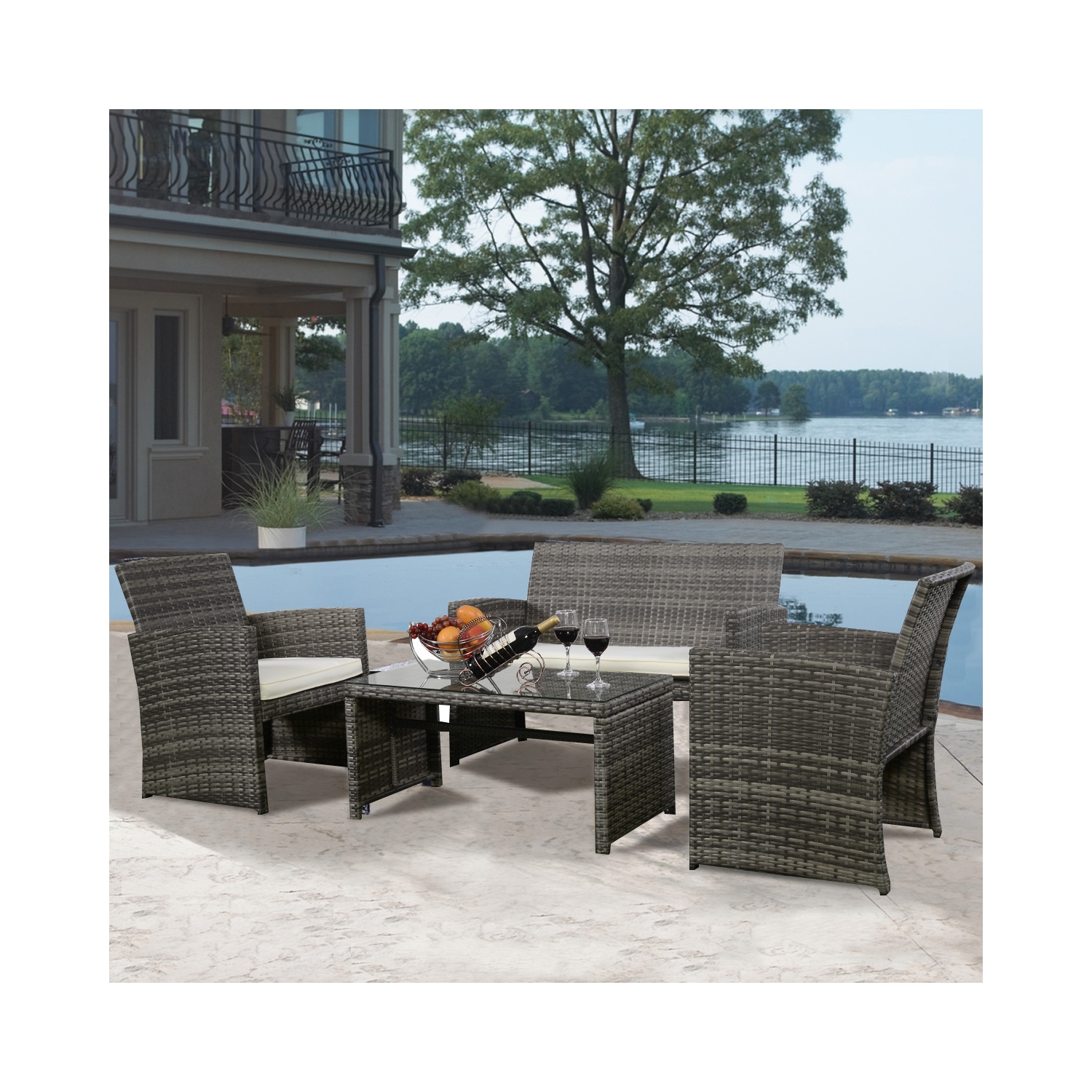 Topbuy 4PCS Outdoor Furniture Set Chairs Coffee Table Patio Garden Set Mix Gray