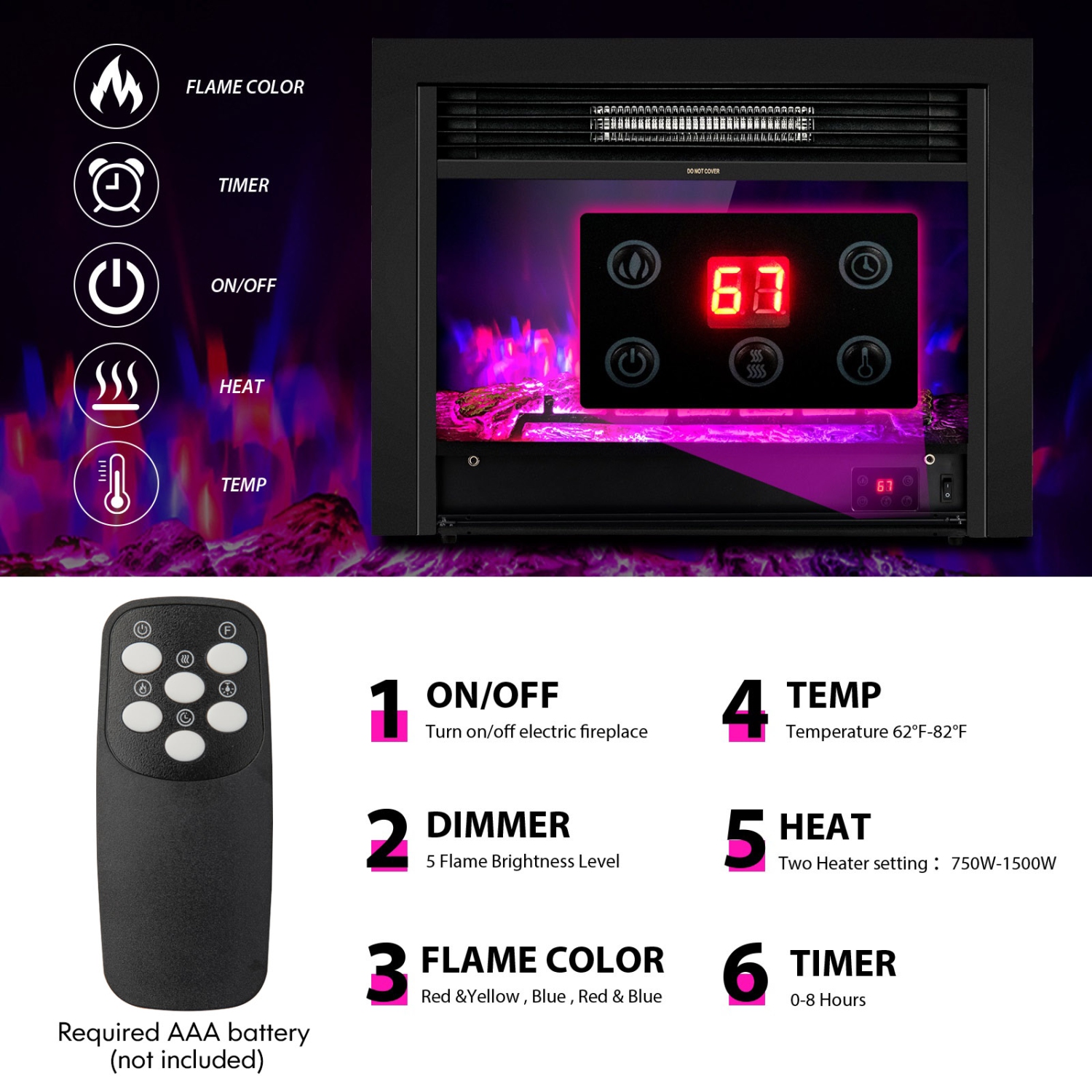 Topbuy 750/1500W Electric Fireplace Heater Adjustable Temperature &Luminance