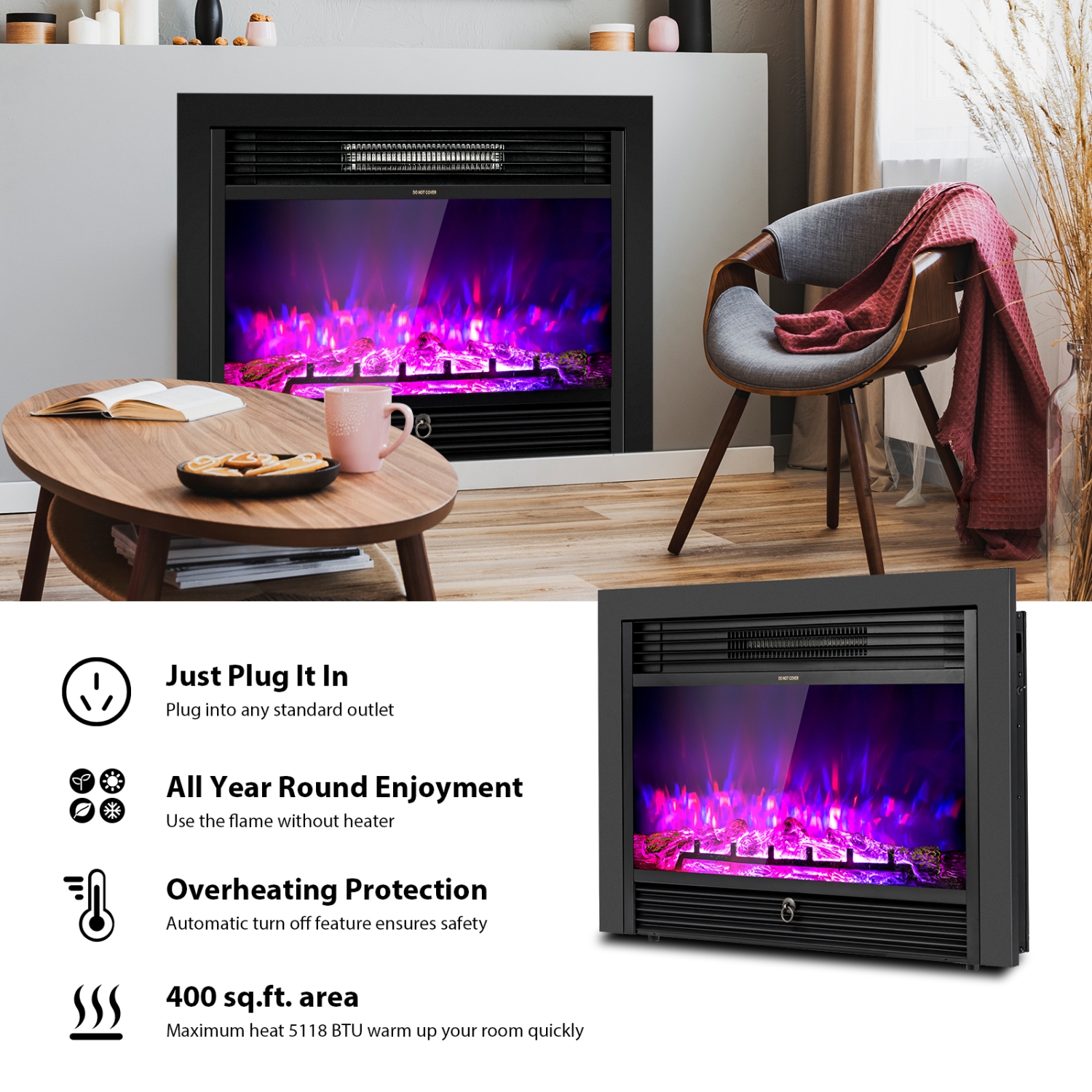 Topbuy 750/1500W Electric Fireplace Heater Adjustable Temperature &Luminance