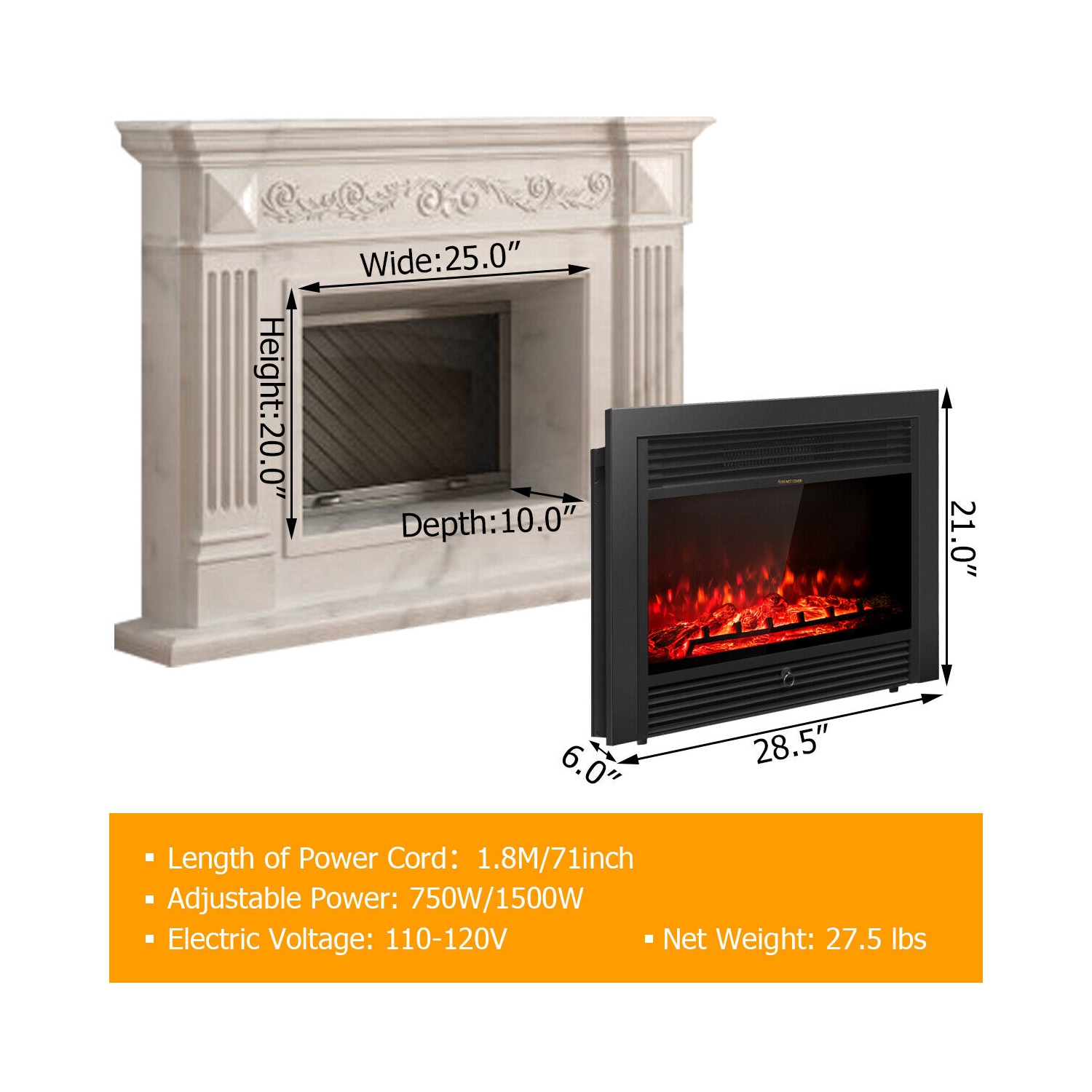 Topbuy 750/1500W Electric Fireplace Heater Adjustable Temperature &Luminance