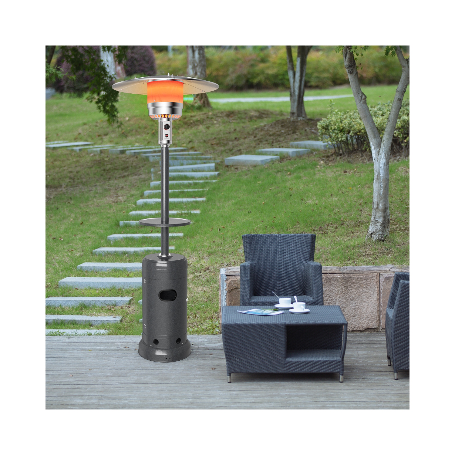 Patiojoy Patio Rolling Steel Heater Freestanding Outdoor Propane Heater w/Table Suitable for Garden Wedding & Party Gray