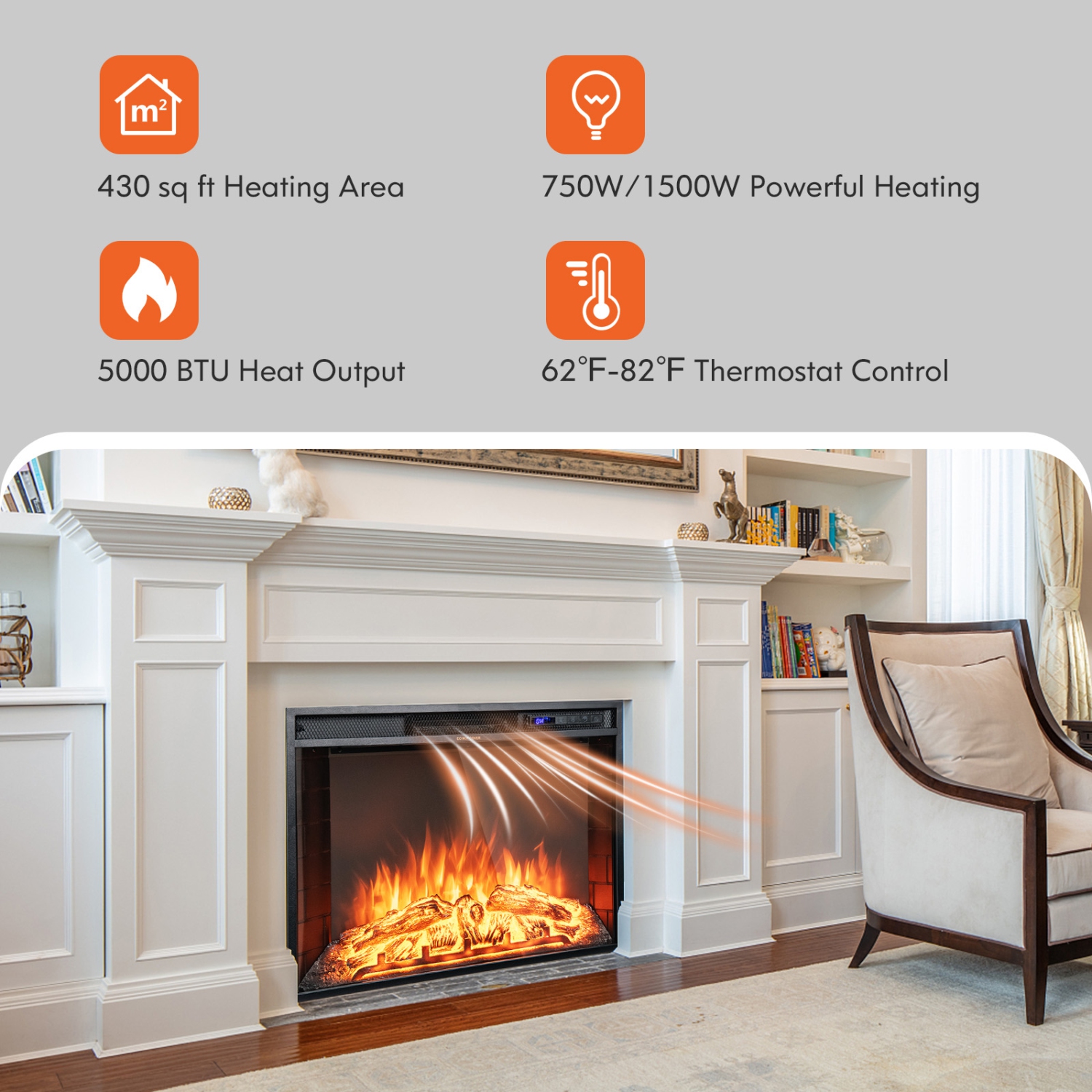Topbuy 26 Inch Recessed Electric Fireplace Insert heater W/ Remote Control 750W/1500W