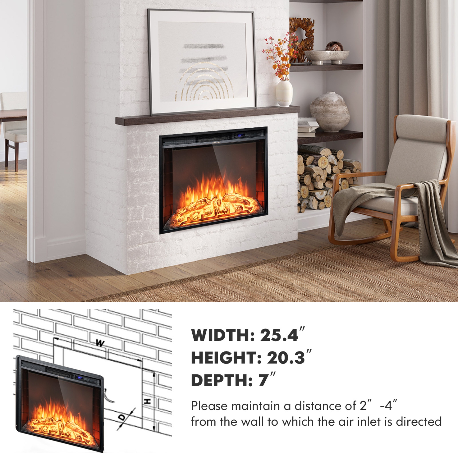 Topbuy 26 Inch Recessed Electric Fireplace Insert heater W/ Remote Control 750W/1500W