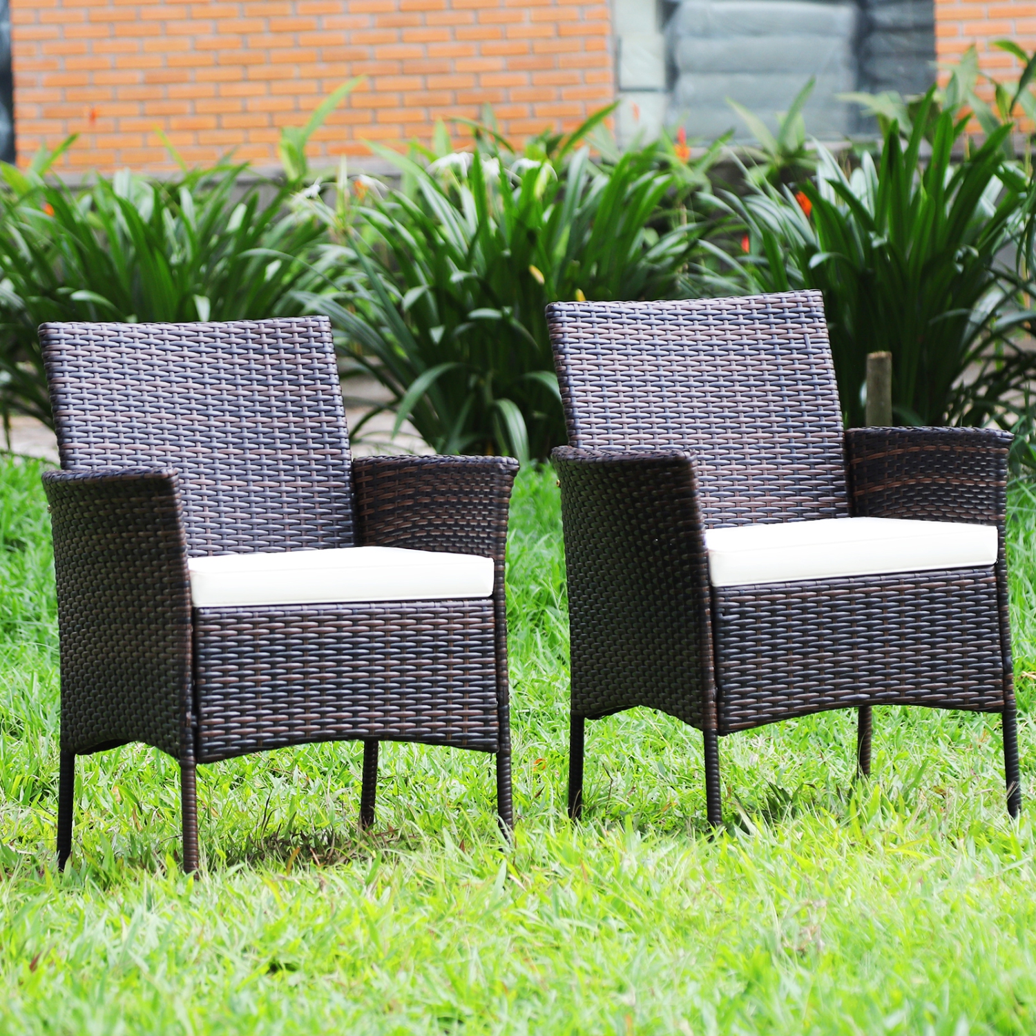 Patiojoy Outdoor 4 PCS Rattan Dining Chair Patio Cushioned Arm Chair w/Zipper Brown