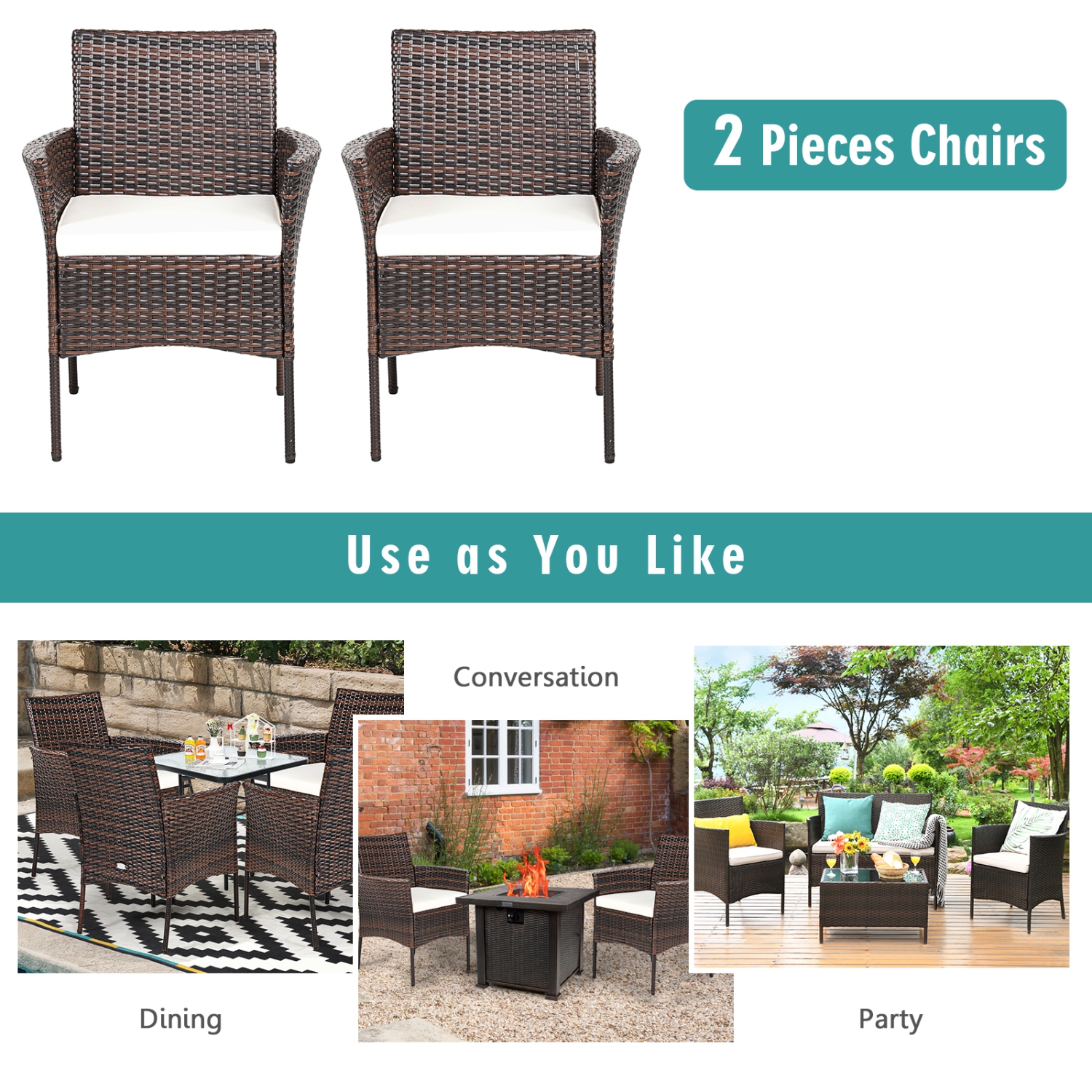 Patiojoy Outdoor 4 PCS Rattan Dining Chair Patio Cushioned Arm Chair w/Zipper Brown