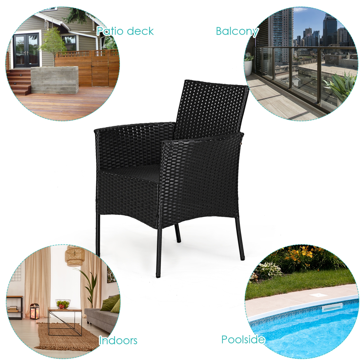 Chaise de salle à manger extérieure en rotin à 4 pièces avec accoudoirs rembourrés et fermeture à glissière de PatioJoy - Noir