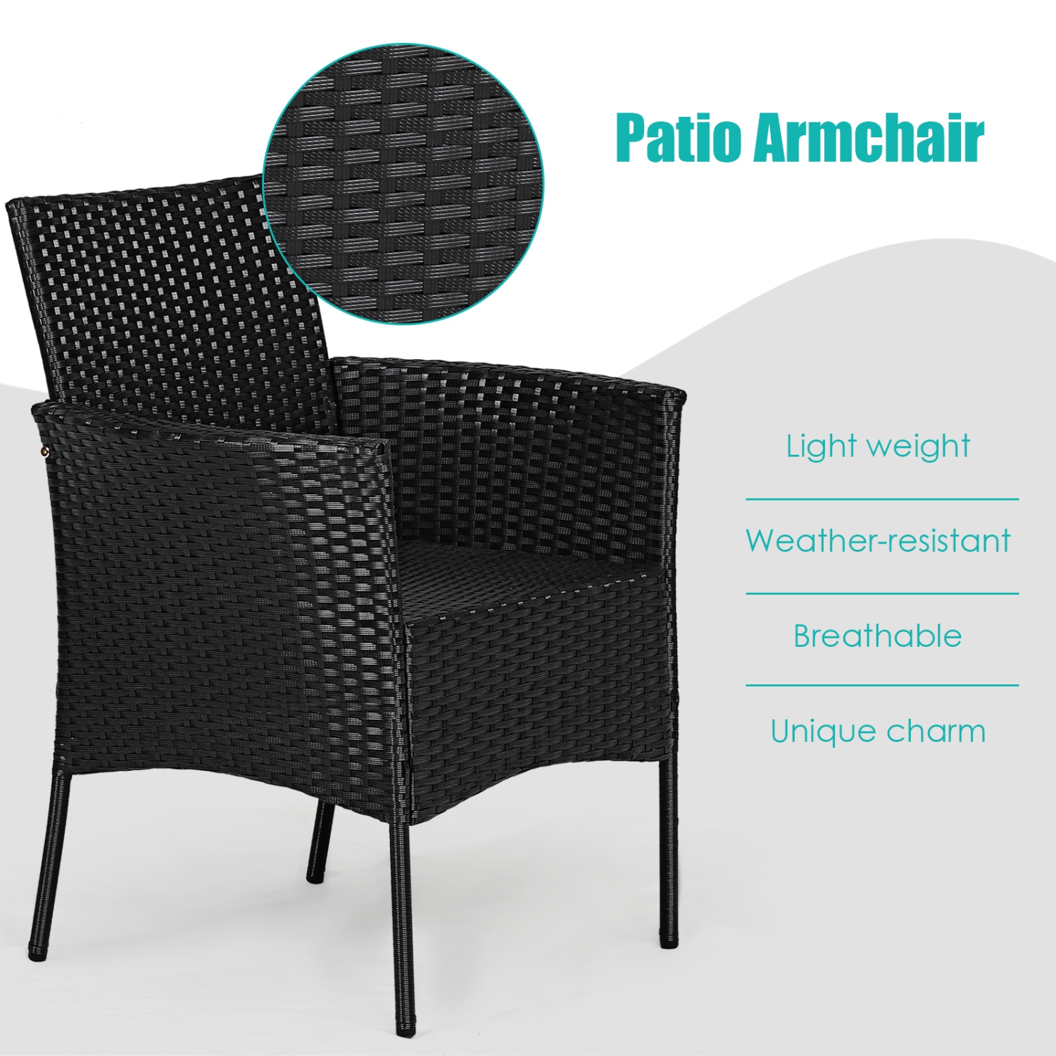 Chaise de salle à manger extérieure en rotin à 4 pièces avec accoudoirs rembourrés et fermeture à glissière de PatioJoy - Noir