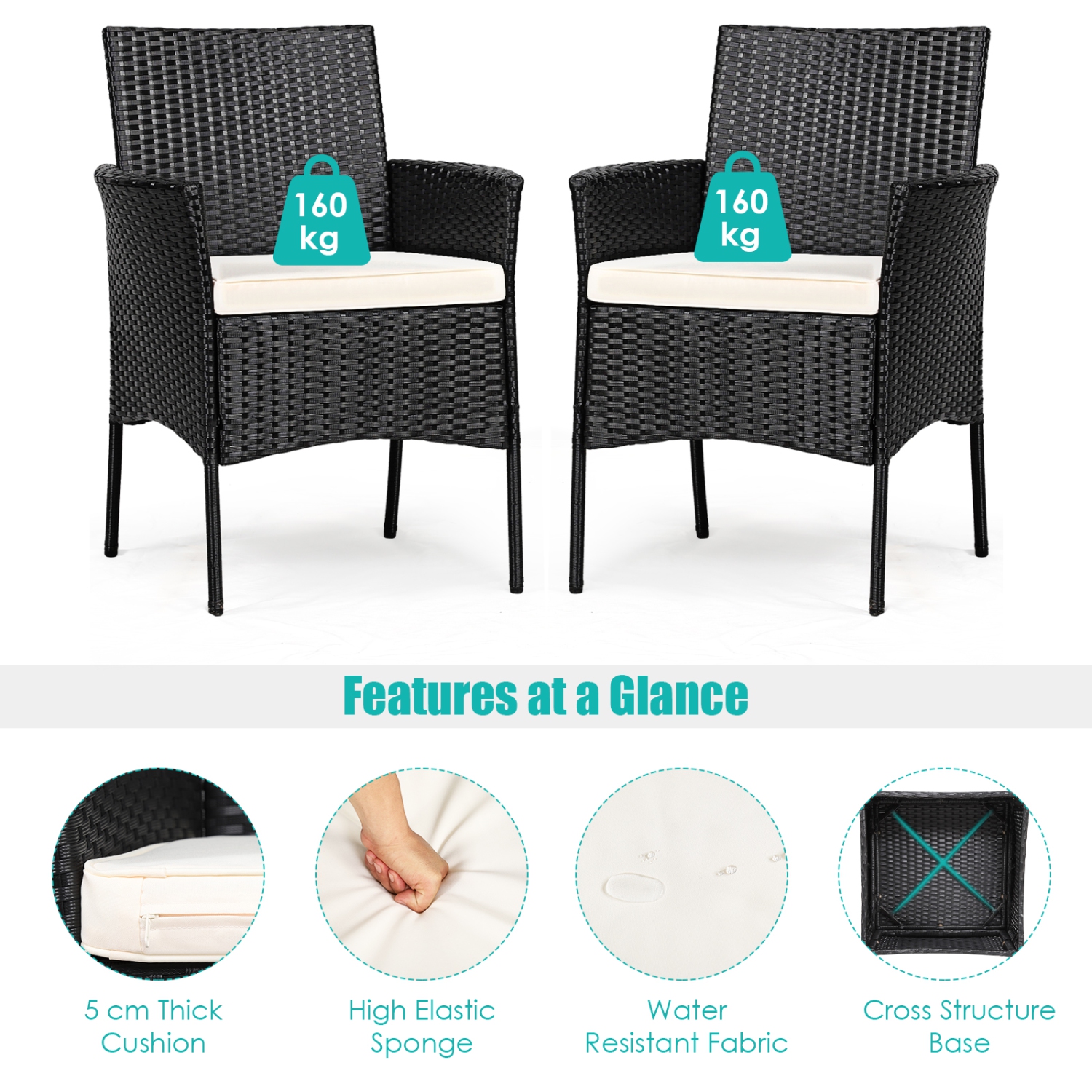 Chaise de salle à manger extérieure en rotin à 4 pièces avec accoudoirs rembourrés et fermeture à glissière de PatioJoy - Noir