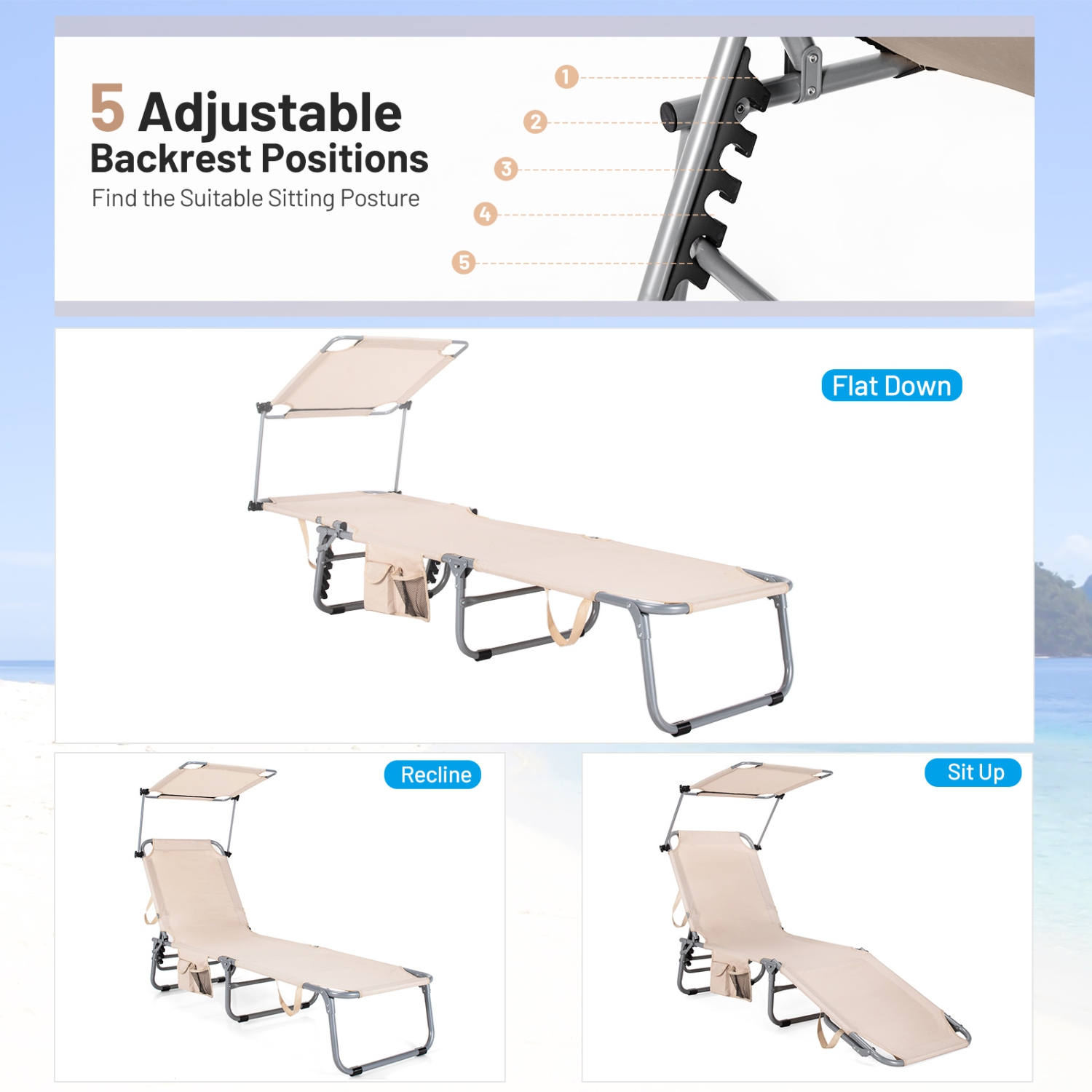 Chaise longue pliante de plage avec chaise longue réglable de TopBuy