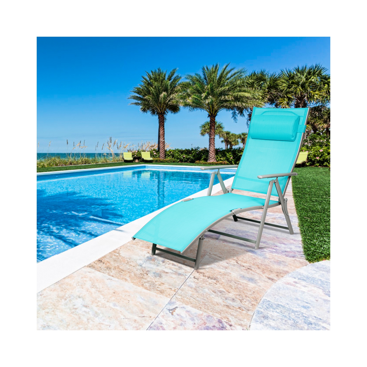 Topbuy Cushioned Folding Chaise Lounge Chair Adjustable Recliner Black/ Turquoise/ Gray