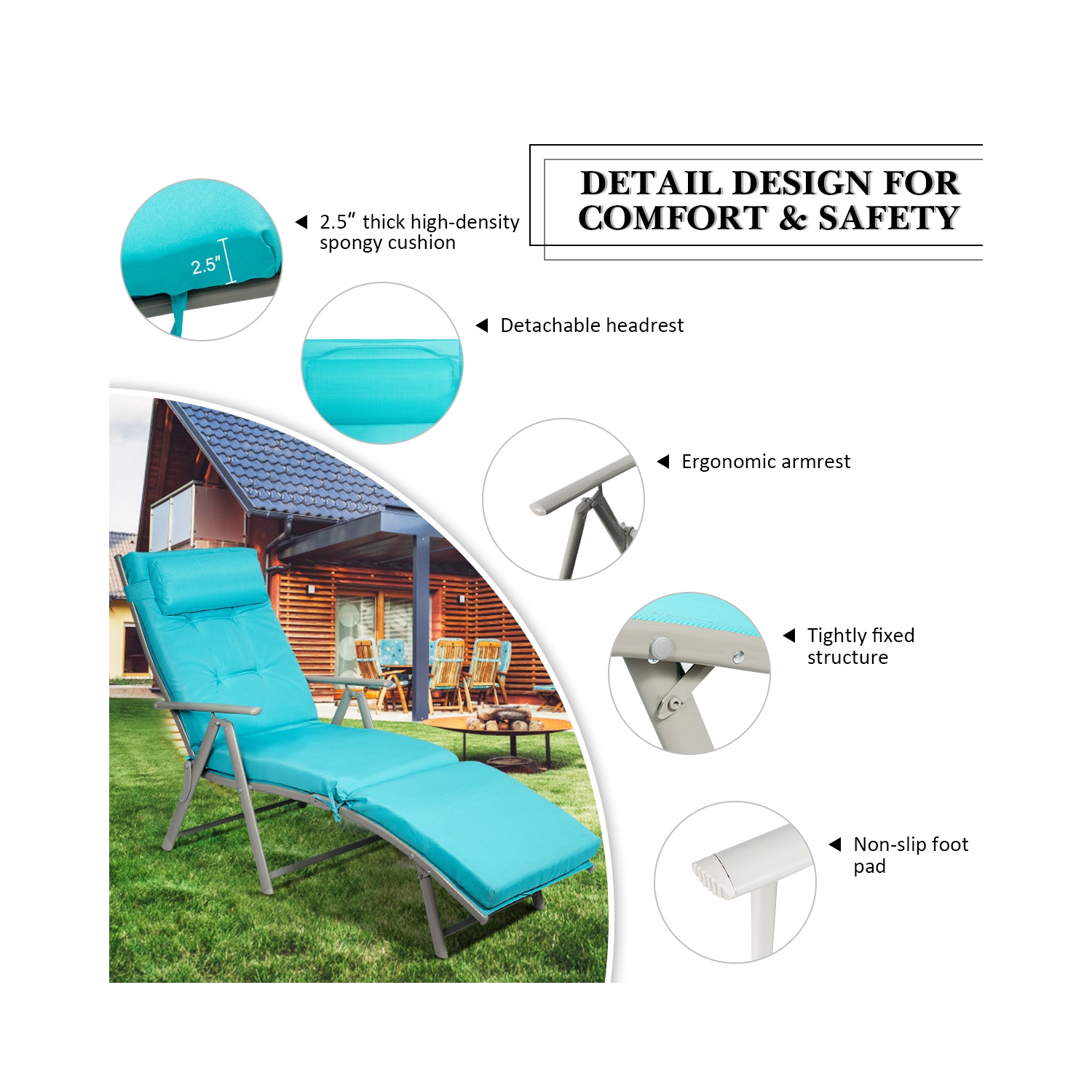 Topbuy Cushioned Folding Chaise Lounge Chair Adjustable Recliner Black/ Turquoise/ Gray