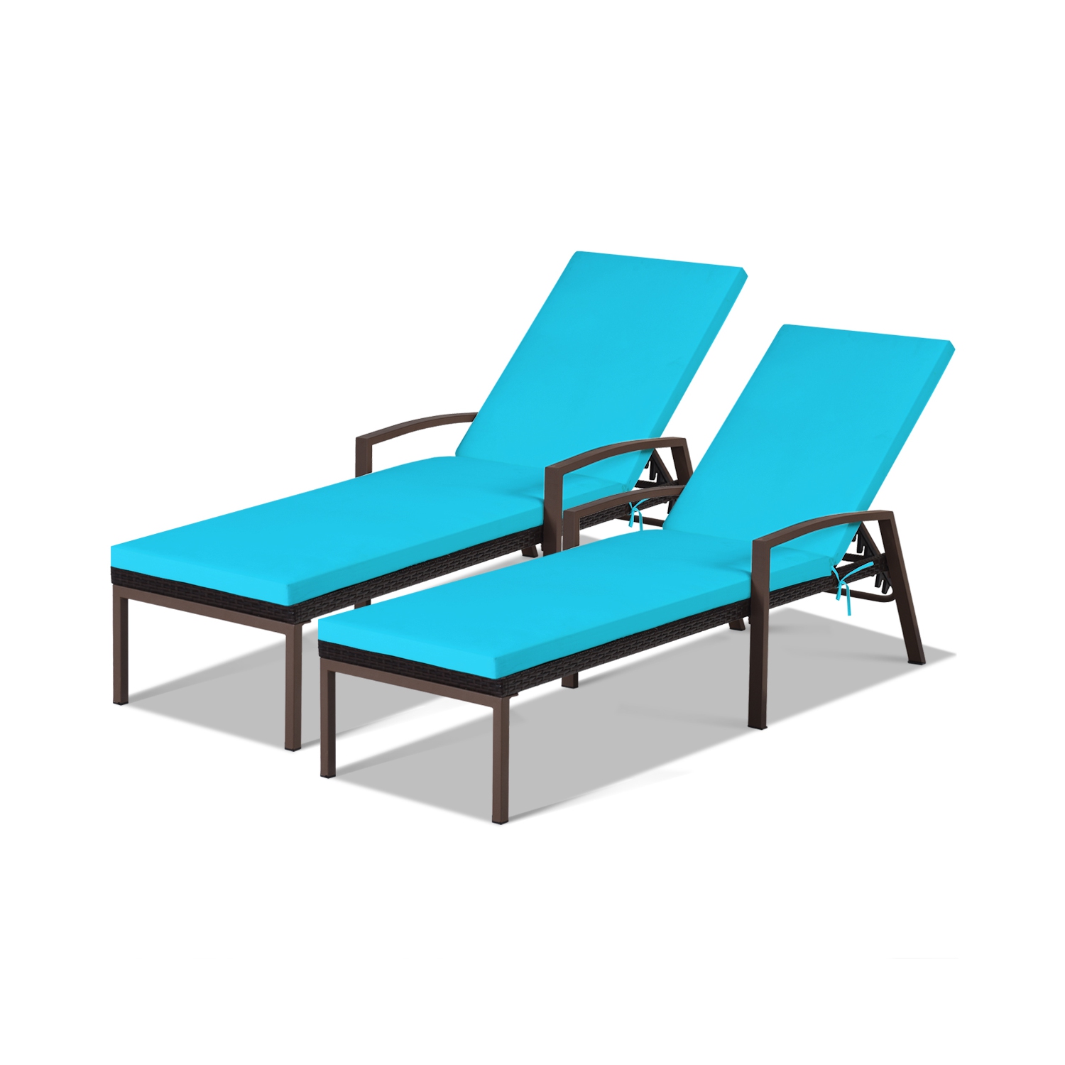 Patiojoy 2PCS Patio Rattan Wicker Lounge Chair Back Adjustable Recliner Chaise w/Turquoise Cushion