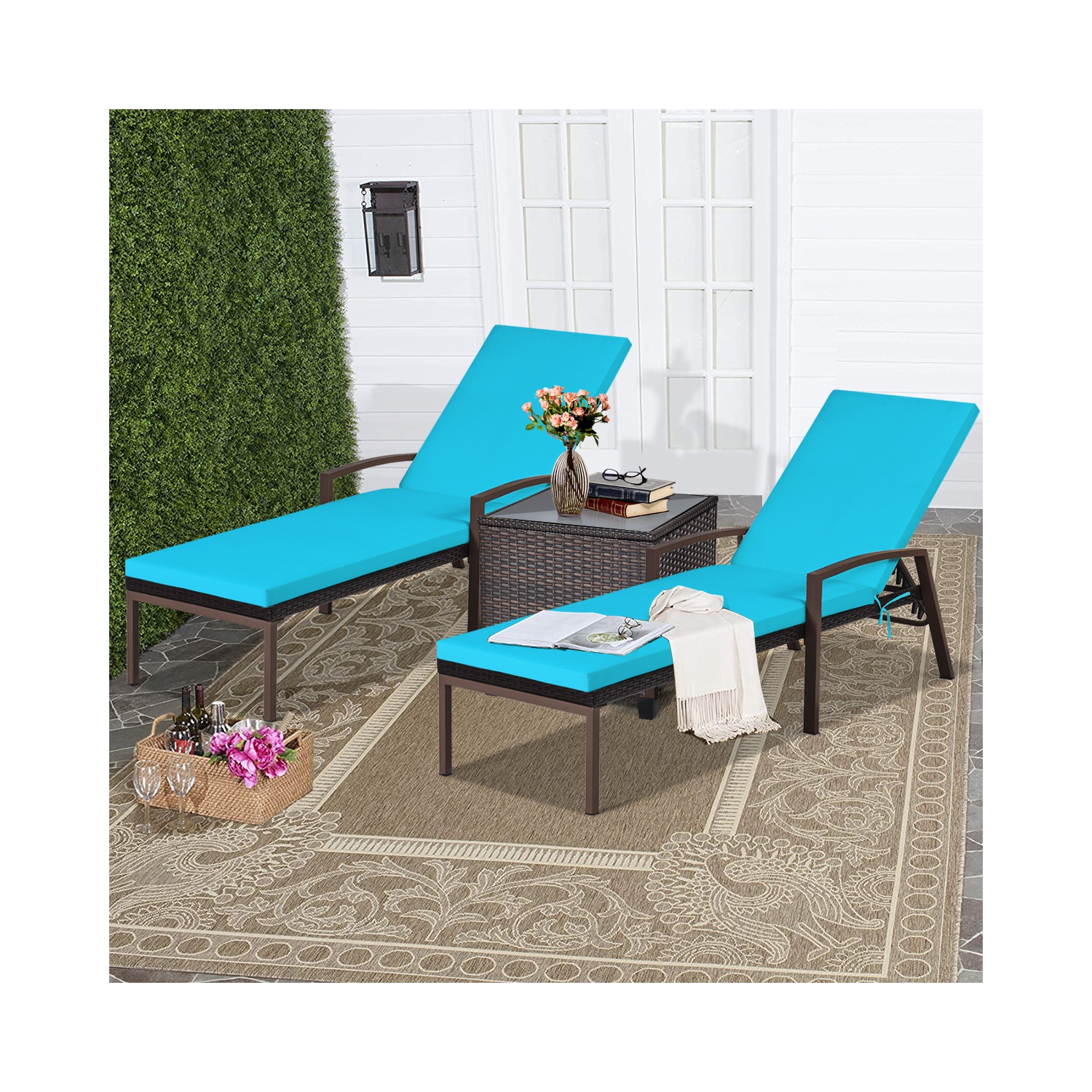 Patiojoy 2PCS Patio Rattan Wicker Lounge Chair Back Adjustable Recliner Chaise w/Turquoise Cushion
