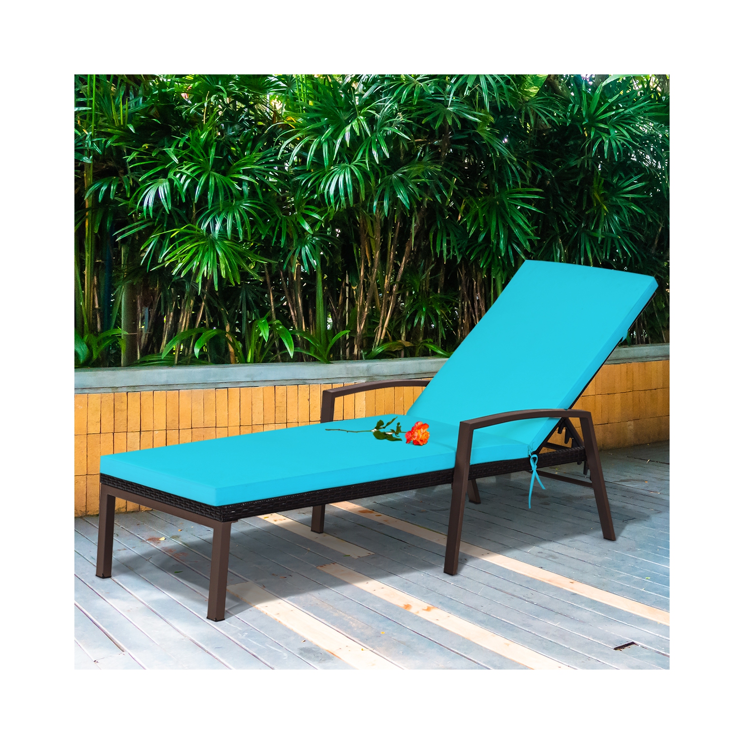 Patiojoy 2PCS Patio Rattan Wicker Lounge Chair Back Adjustable Recliner Chaise w/Turquoise Cushion