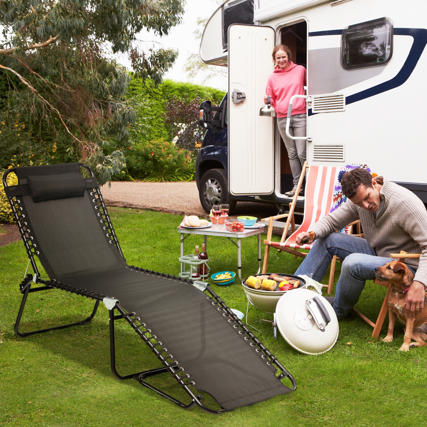 TopBuy – Chaise longue de plage pliable avec coussin et pédale ajustable, noir