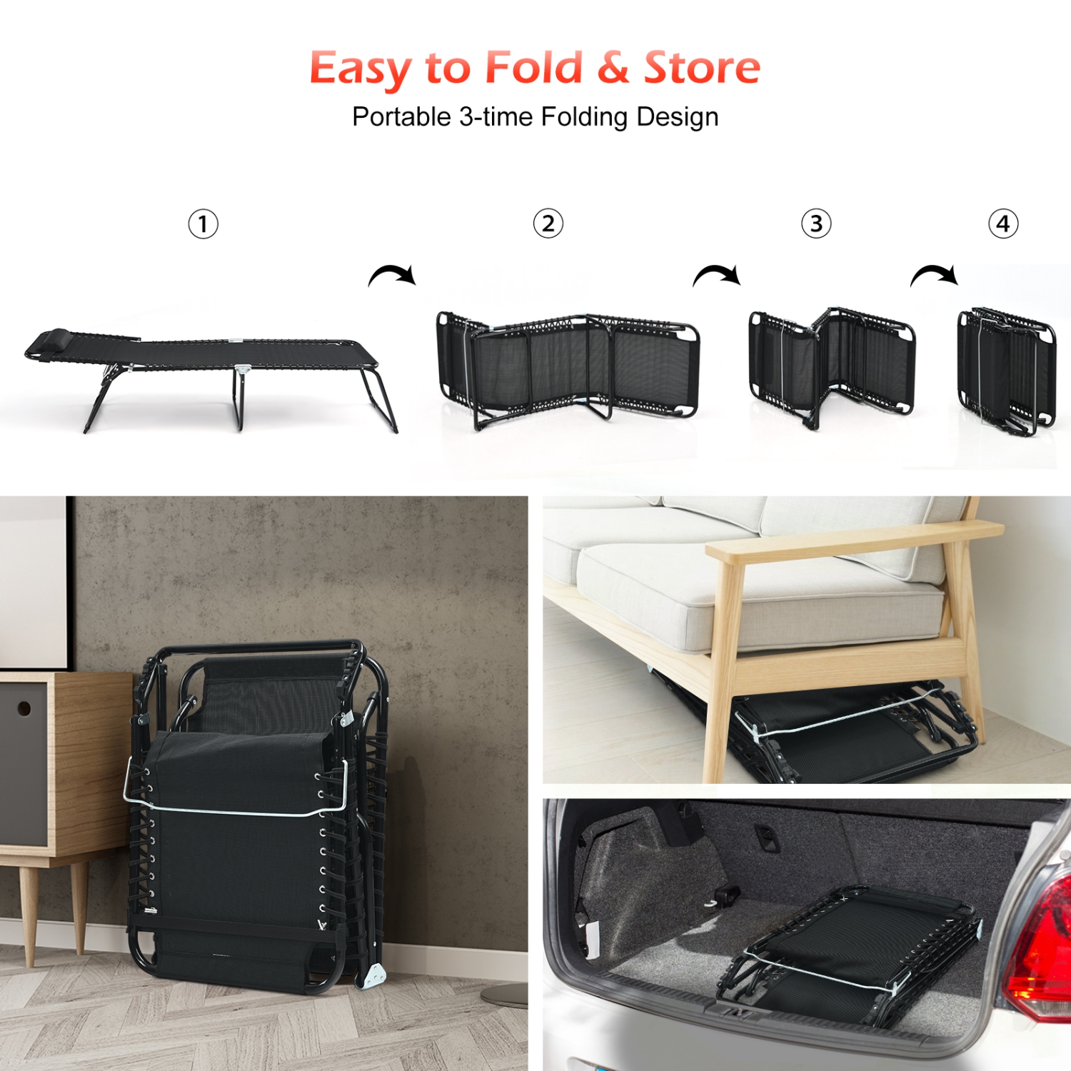 TopBuy – Chaise longue de plage pliable avec coussin et pédale ajustable, noir