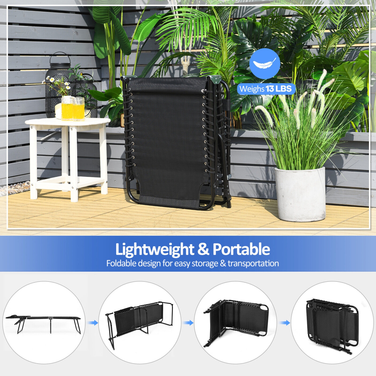 TopBuy – Chaise longue de plage pliable avec coussin et pédale ajustable, noir