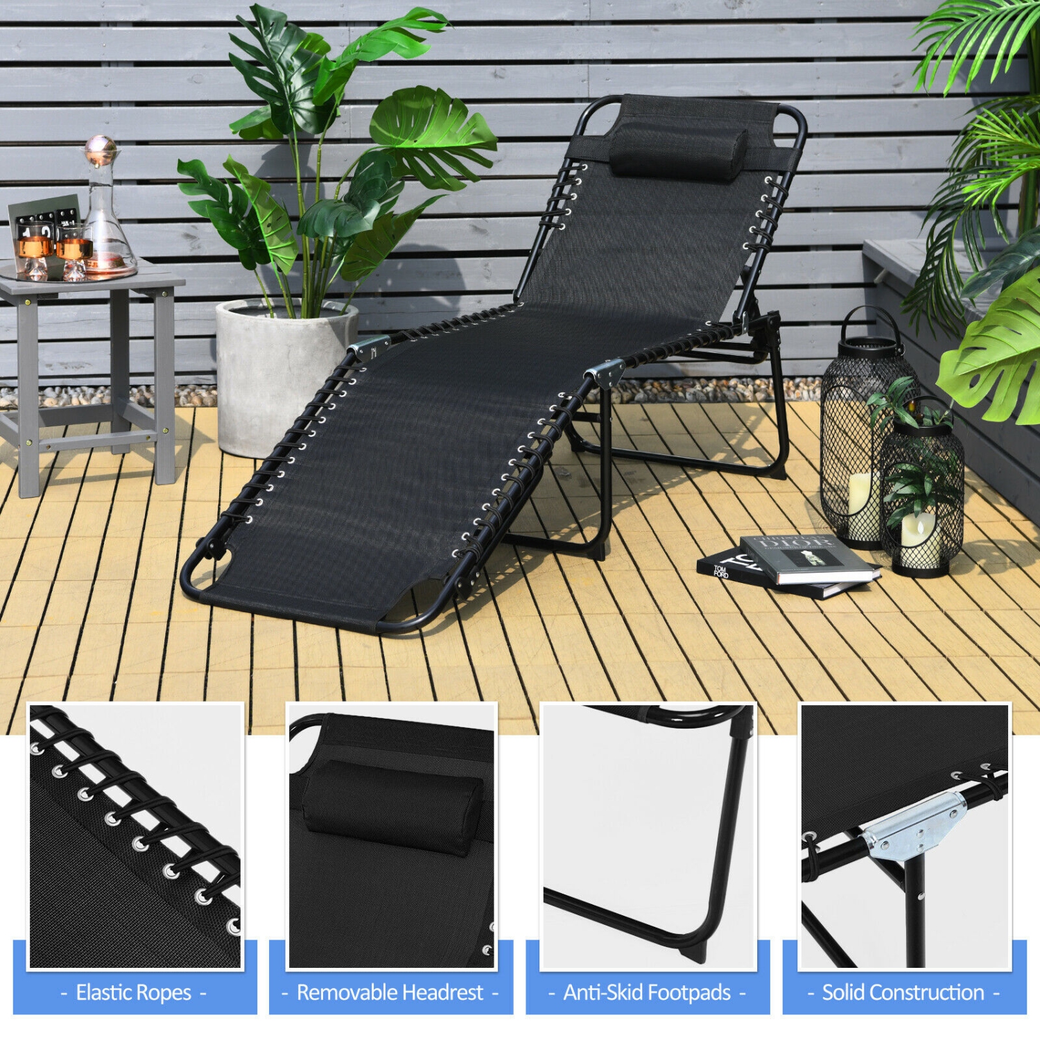 TopBuy – Chaise longue de plage pliable avec coussin et pédale ajustable, noir