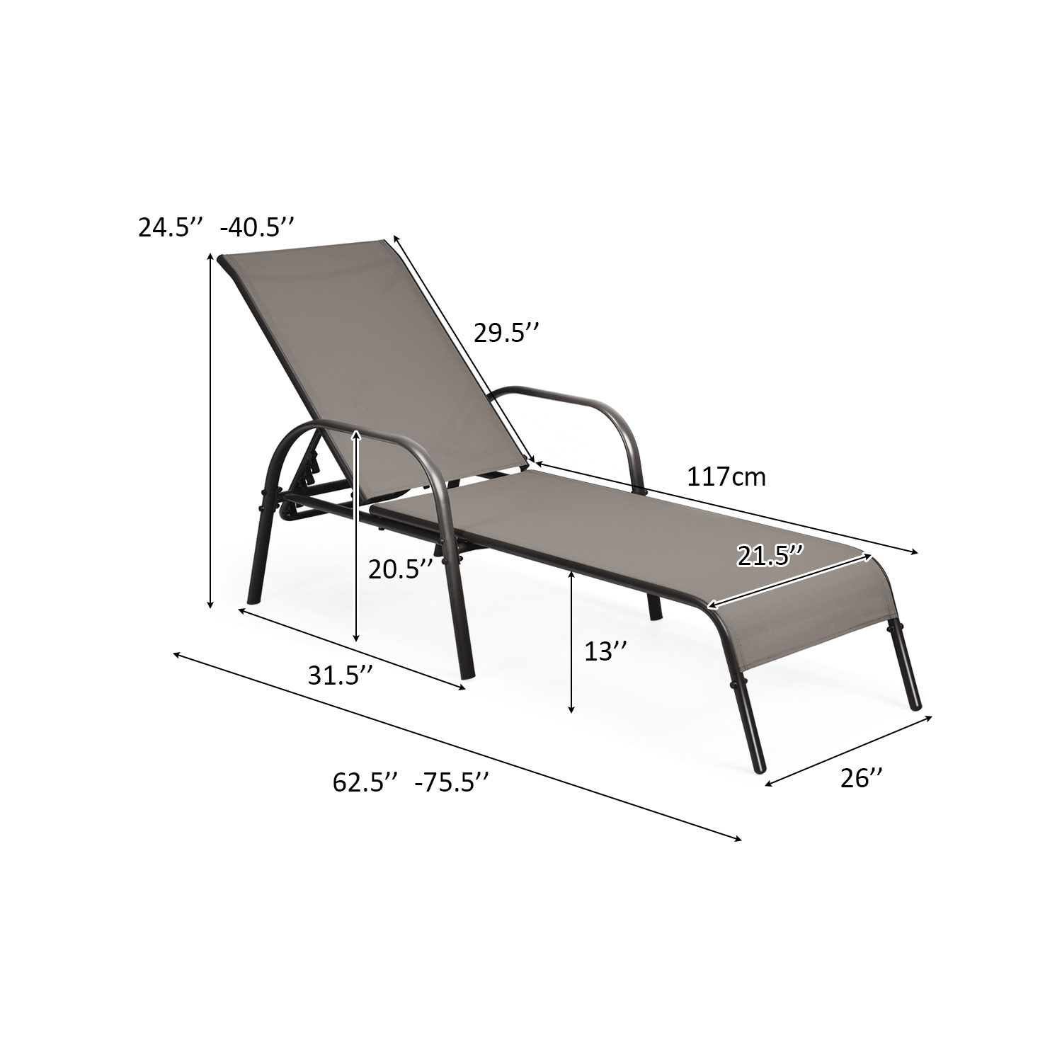 Topbuy Outdoor Chaise Lounge Chair Adjustable Reclining Bed with Backrest& Armrest Black/Brown