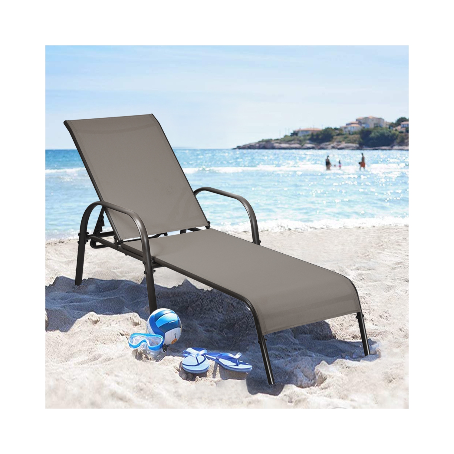 Topbuy Outdoor Chaise Lounge Chair Adjustable Reclining Bed with Backrest& Armrest Black/Brown