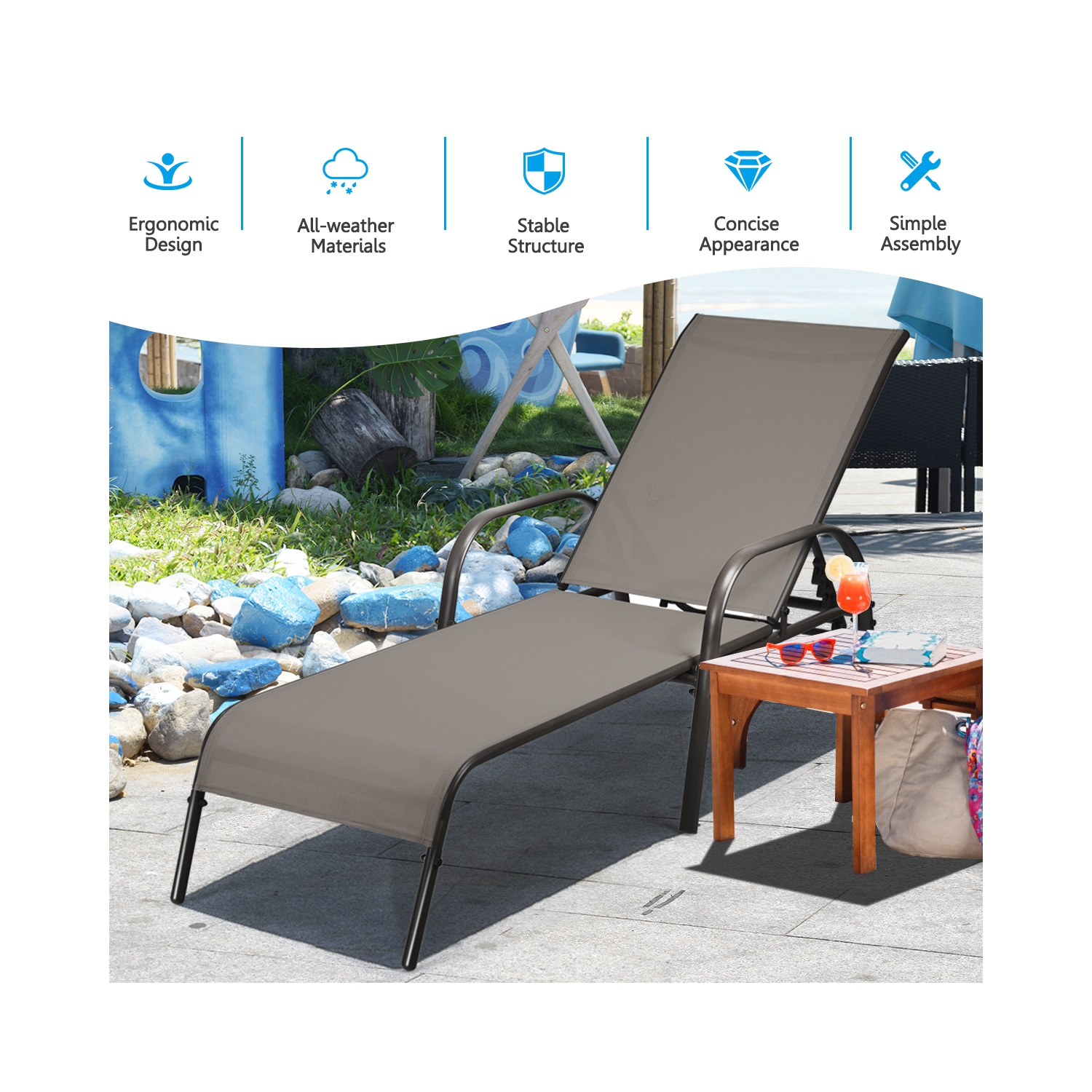 Topbuy Outdoor Chaise Lounge Chair Adjustable Reclining Bed with Backrest& Armrest Black/Brown