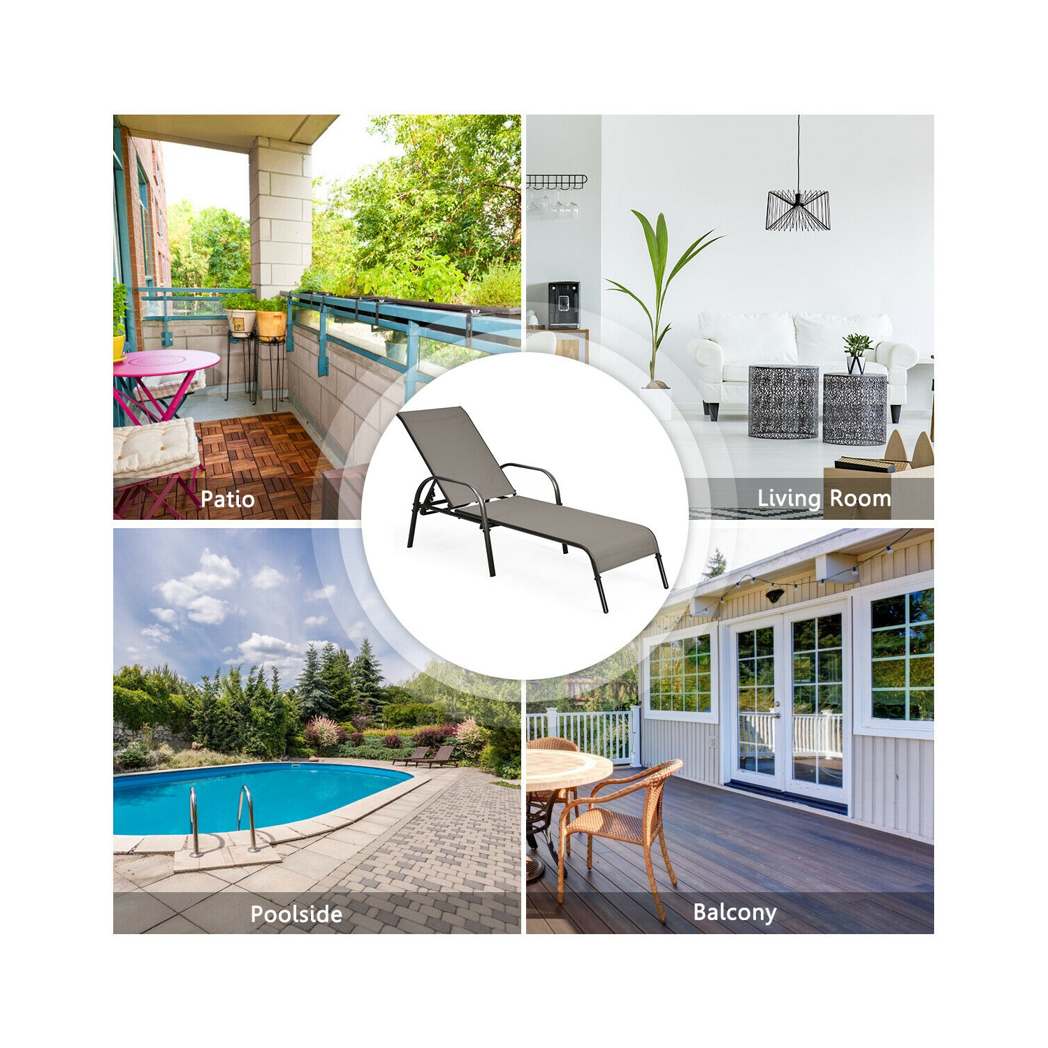 Topbuy Outdoor Chaise Lounge Chair Adjustable Reclining Bed with Backrest& Armrest Black/Brown