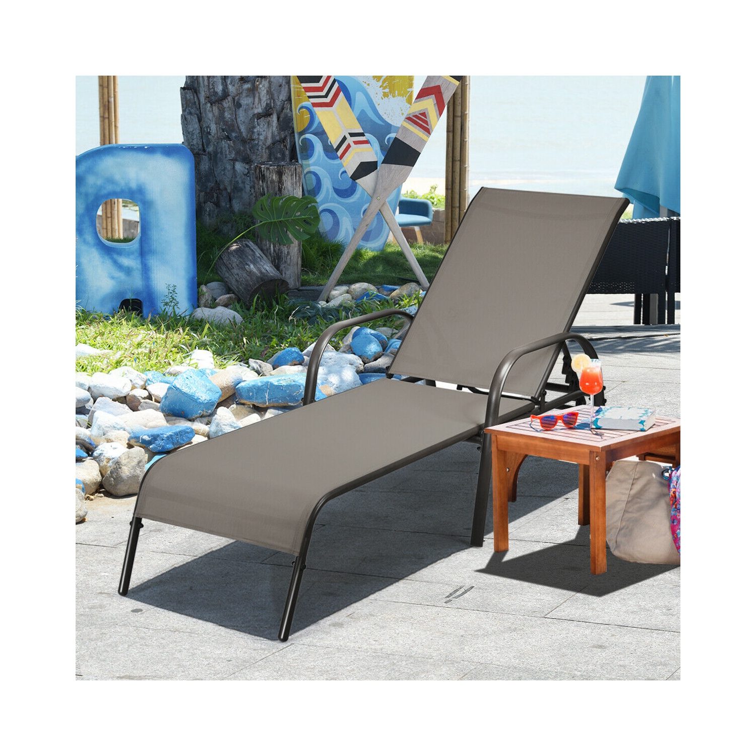 Topbuy Outdoor Chaise Lounge Chair Adjustable Reclining Bed with Backrest& Armrest Black/Brown