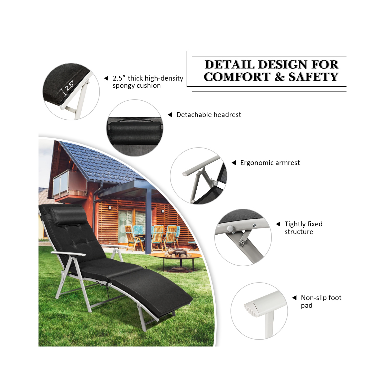 Chaise longue pliante rembourrée et ajustable de TopBuy - Noir - Turquoise - Gris