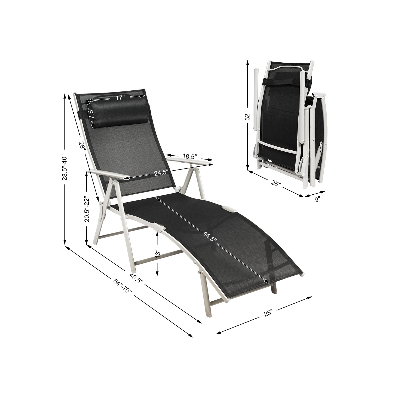 Chaise longue pliante rembourrée et ajustable de TopBuy - Noir - Turquoise - Gris