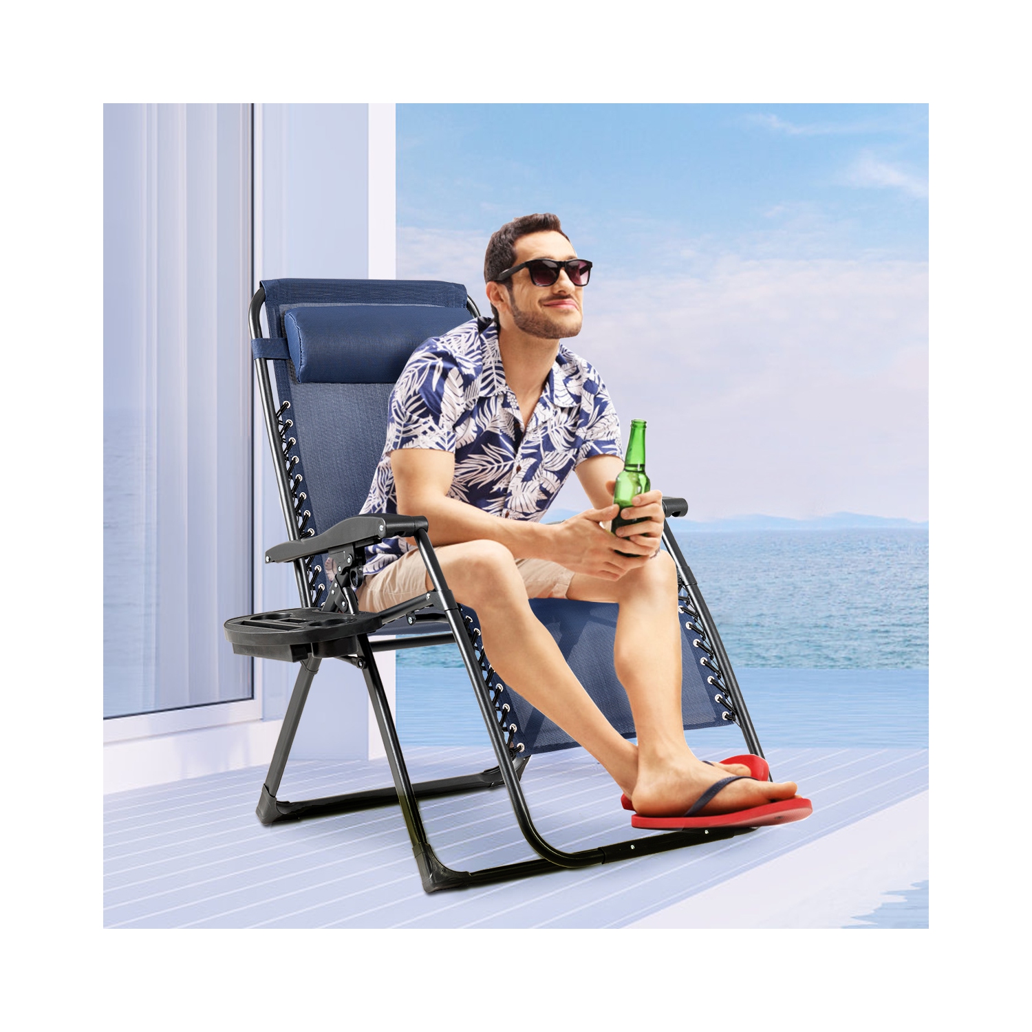 Topbuy Oversized Zero Gravity Lounge Chair Folding Recliner w/ Cup Holder & Pillow Navy Blue Wine Beige Black