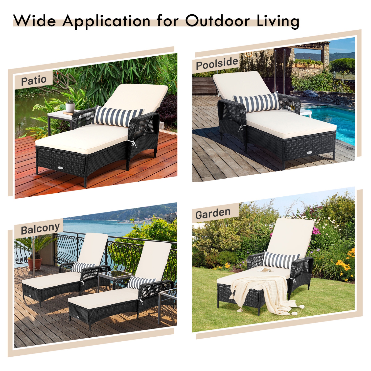 Patiojoy Outdoor Chaise Rattan Lounge Chair Patio Reclining Chair w/6 Positions Adjustable Backrest