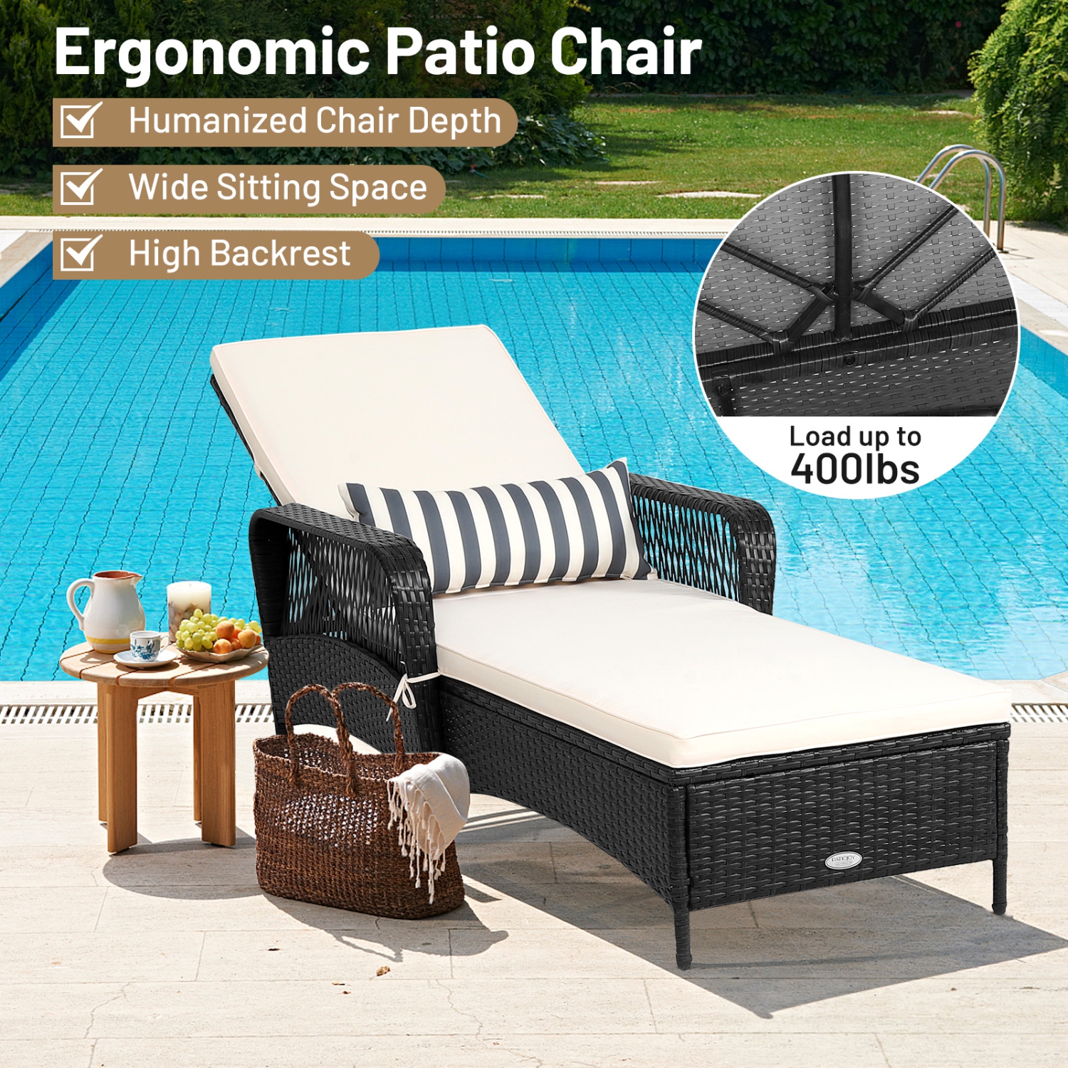 Patiojoy Outdoor Chaise Rattan Lounge Chair Patio Reclining Chair w/6 Positions Adjustable Backrest