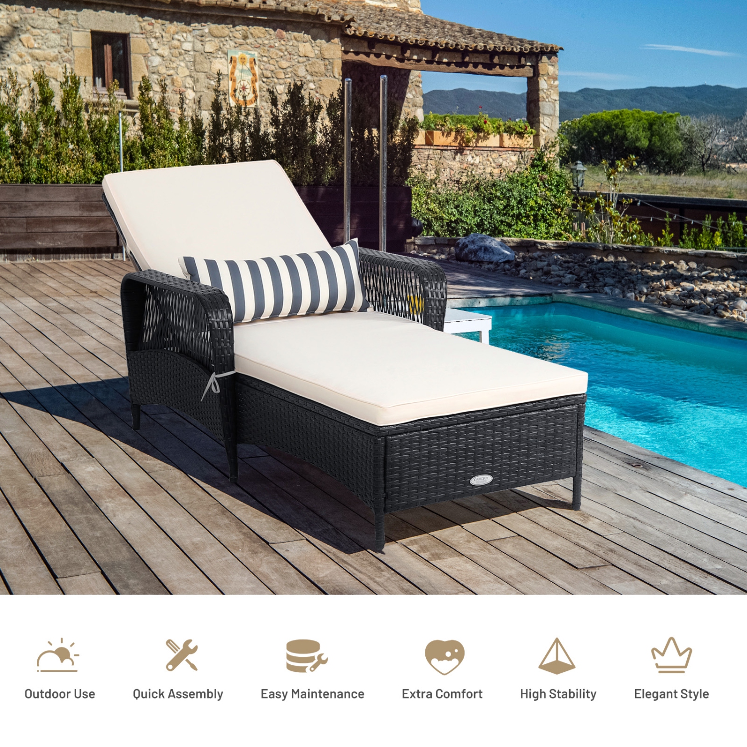 Patiojoy Outdoor Chaise Rattan Lounge Chair Patio Reclining Chair w/6 Positions Adjustable Backrest