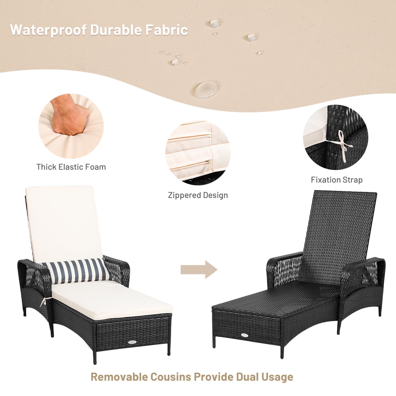 Patiojoy Outdoor Chaise Rattan Lounge Chair Patio Reclining Chair w/6 Positions Adjustable Backrest