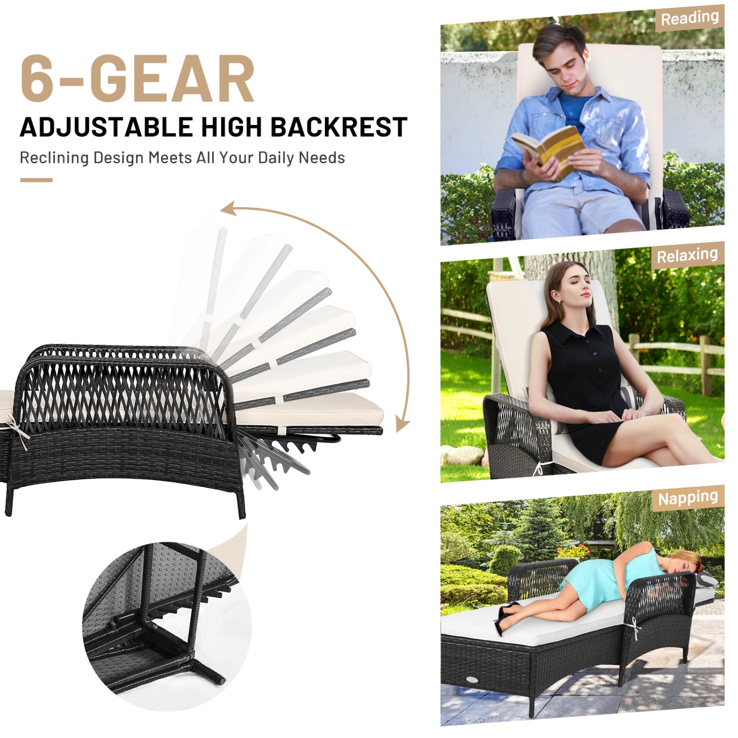 Patiojoy Outdoor Chaise Rattan Lounge Chair Patio Reclining Chair w/6 Positions Adjustable Backrest