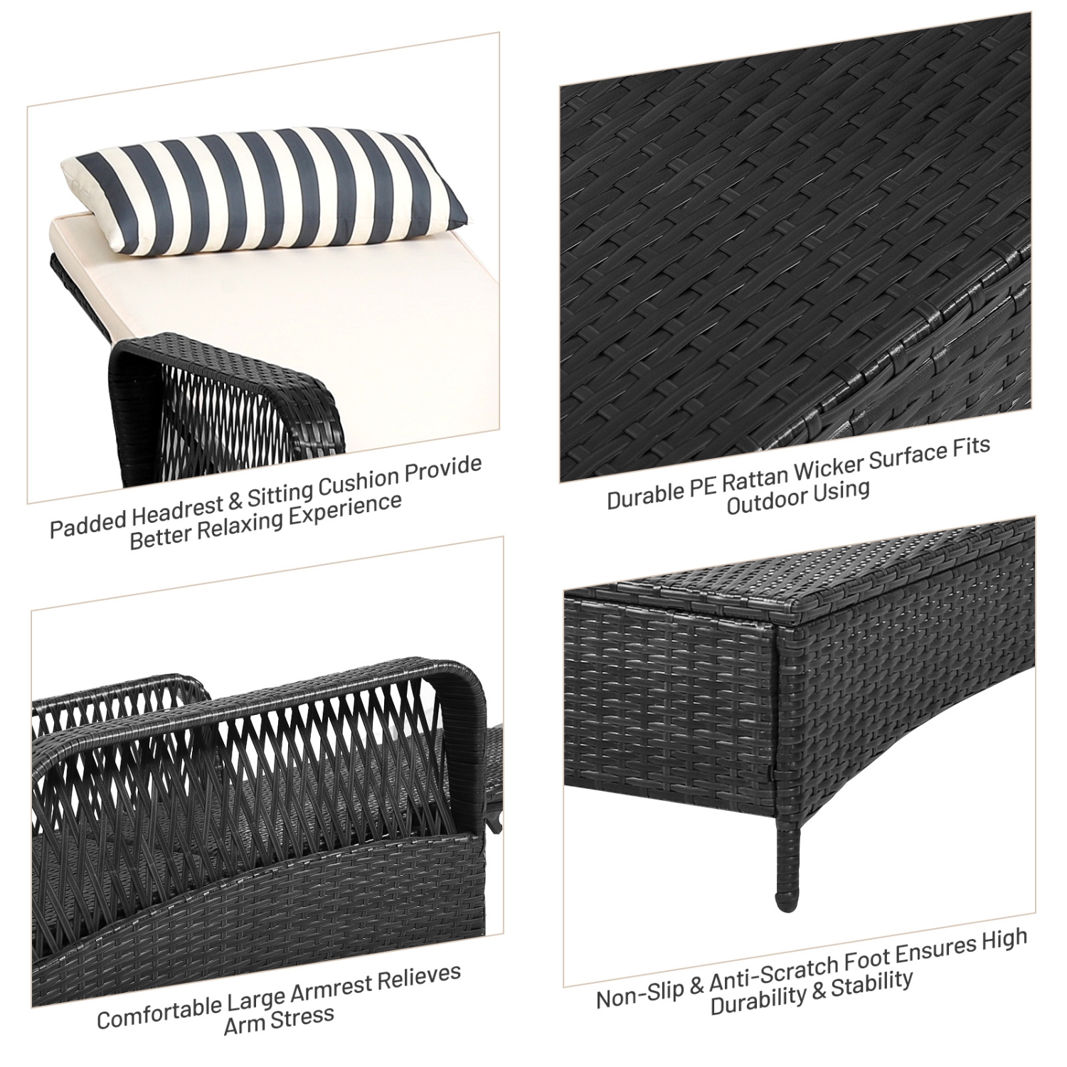 Patiojoy Outdoor Chaise Rattan Lounge Chair Patio Reclining Chair w/6 Positions Adjustable Backrest