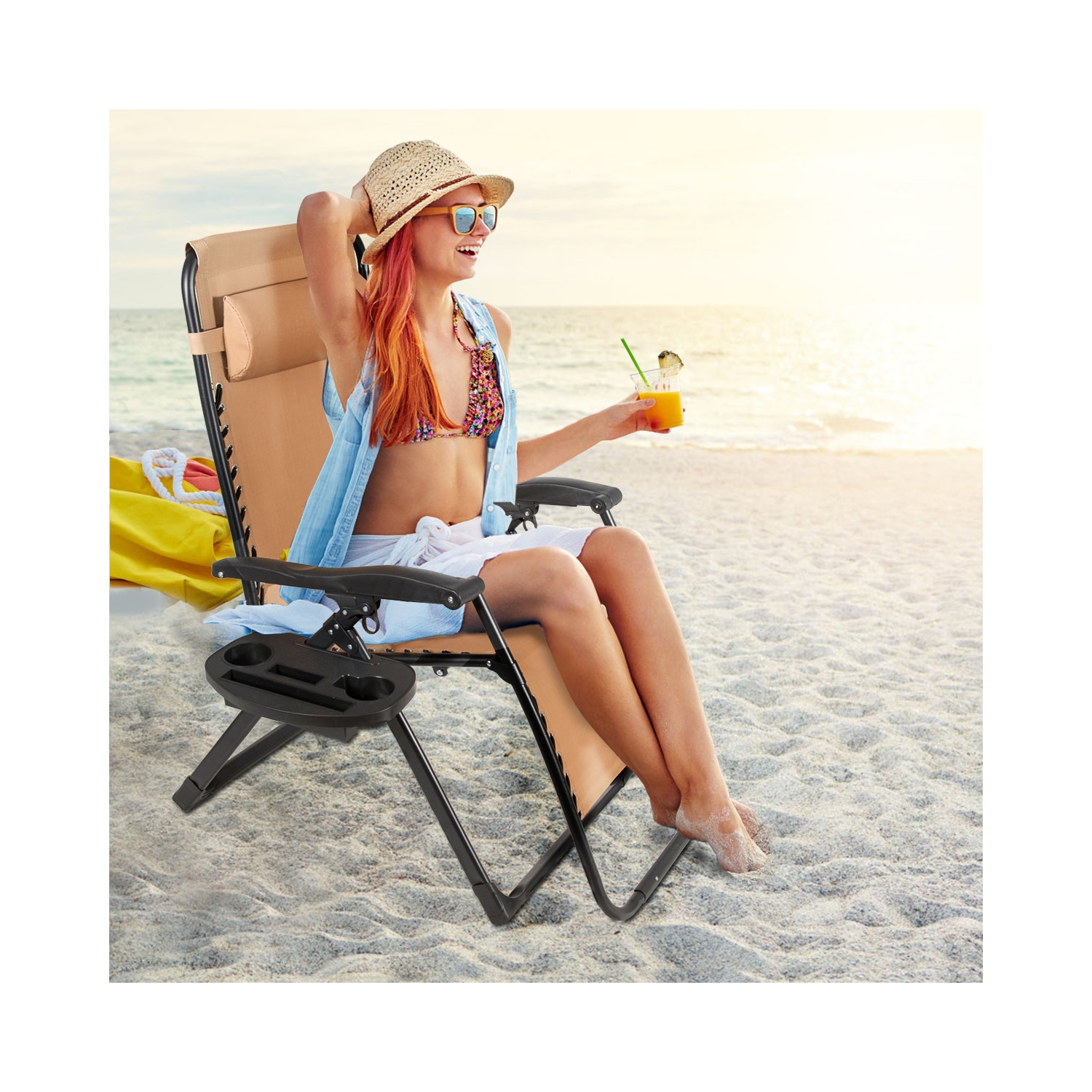 Topbuy Oversized Zero Gravity Lounge Chair Folding Recliner w/ Cup Holder & Pillow Navy Blue Wine Beige Black