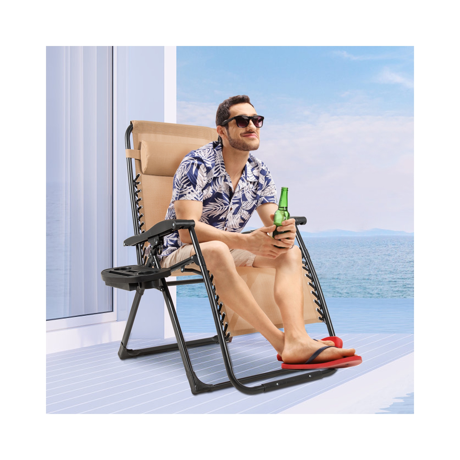 Topbuy Oversized Zero Gravity Lounge Chair Folding Recliner w/ Cup Holder & Pillow Navy Blue Wine Beige Black