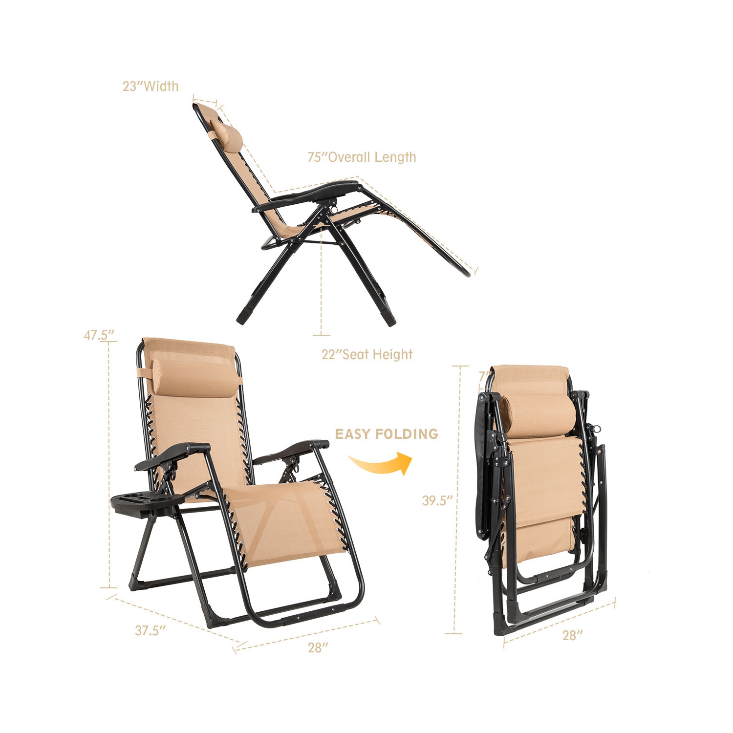 Topbuy Oversized Zero Gravity Lounge Chair Folding Recliner w/ Cup Holder & Pillow Navy Blue Wine Beige Black