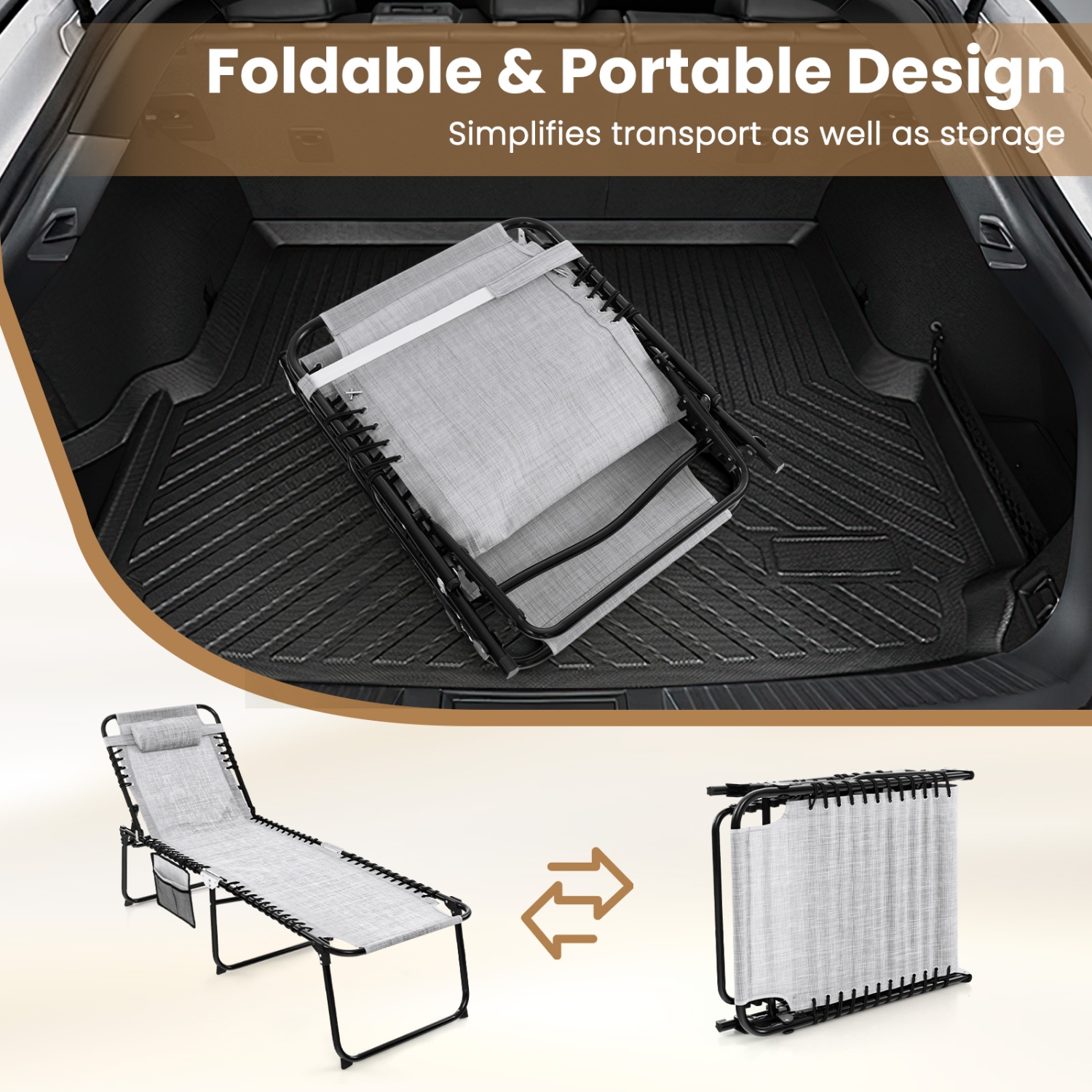 Foldable Beach Chaise Lounge Chair W/ Pillow Black/Grey