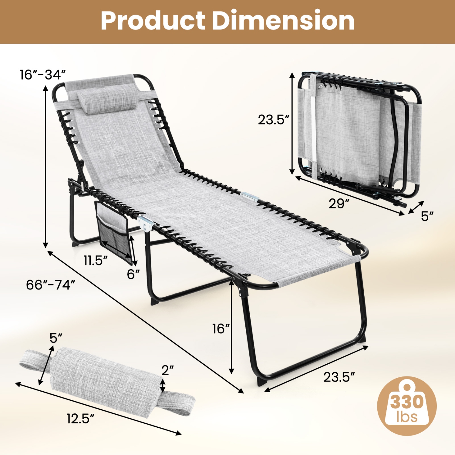 Foldable Beach Chaise Lounge Chair W/ Pillow Black/Grey