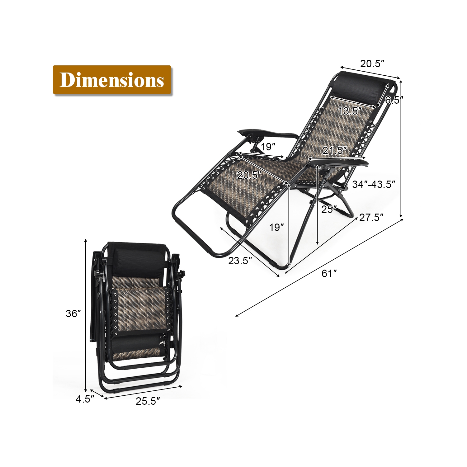 Topbuy Folding Recliner Patio Rattan Zero Gravity Lounge Chair With Headrest
