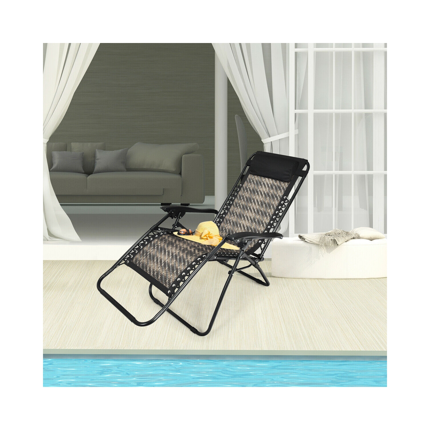 Topbuy Folding Recliner Patio Rattan Zero Gravity Lounge Chair With Headrest