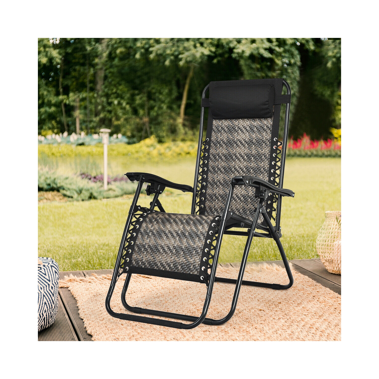 Topbuy Folding Recliner Patio Rattan Zero Gravity Lounge Chair With Headrest