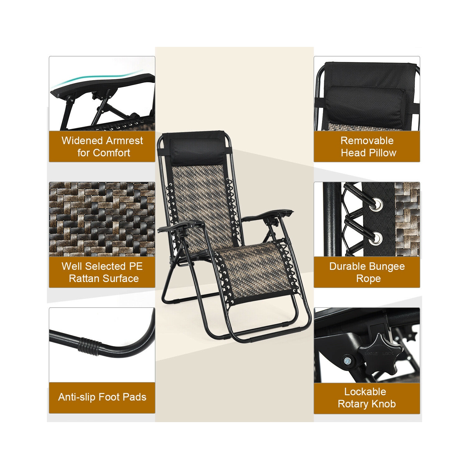 Topbuy Folding Recliner Patio Rattan Zero Gravity Lounge Chair With Headrest
